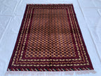 5x7ft Hoja Roshnai Beljik Rug – Handwoven Afghan Area Rug in Burgundy, Cream & Black – Geometric Repeating Pattern – Tribal Wool Carpet