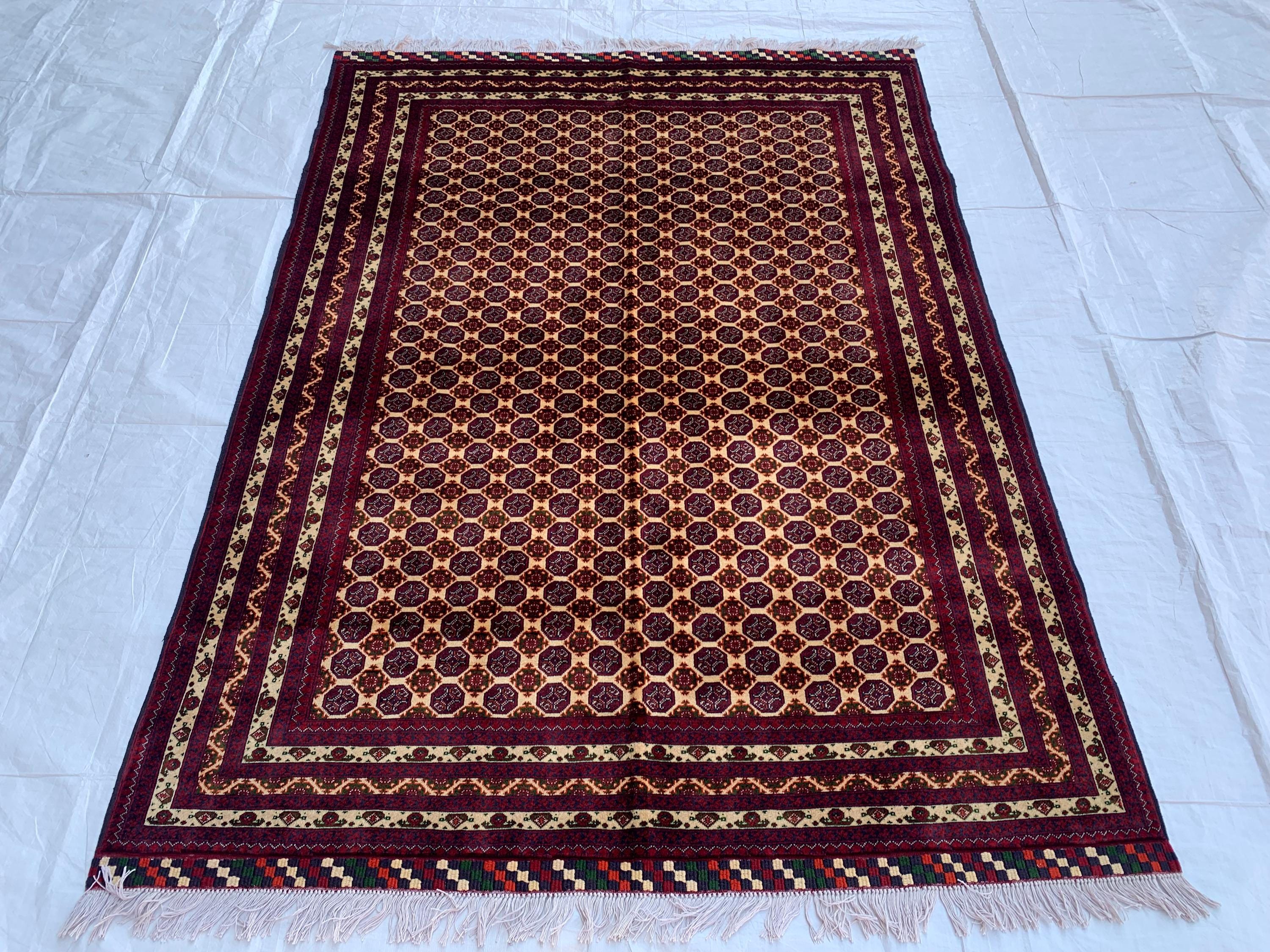 5x7ft Hoja Roshnai Beljik Rug – Handwoven Afghan Area Rug in Burgundy, Cream & Black – Geometric Repeating Pattern – Tribal Wool Carpet
