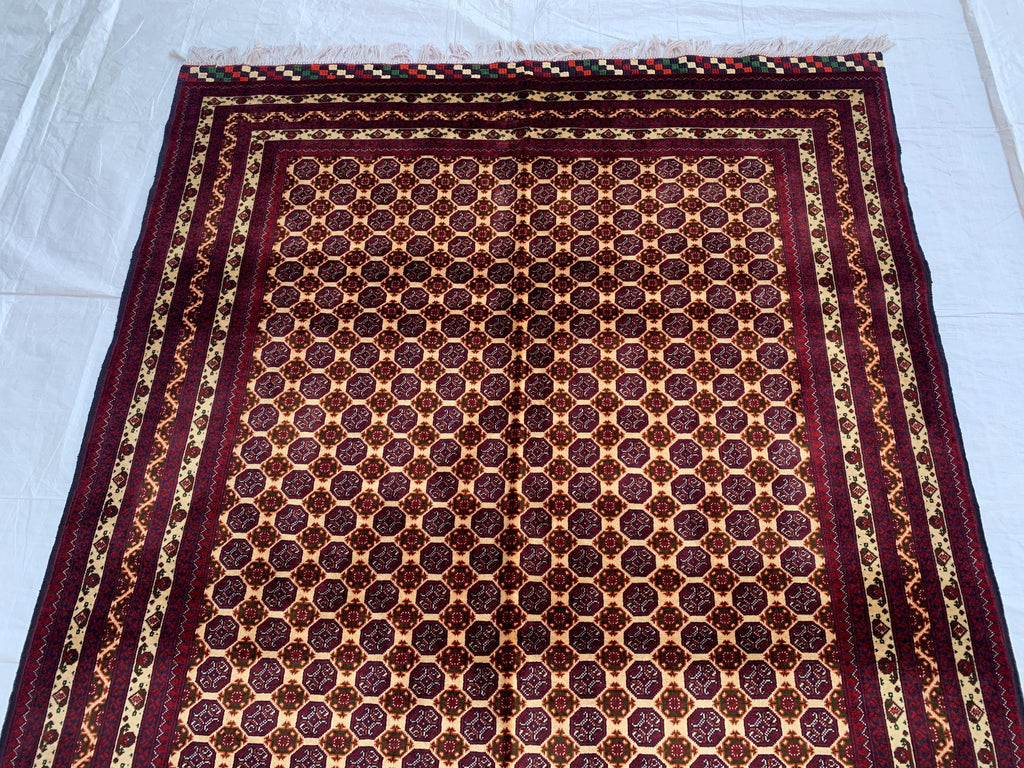 5x7ft Hoja Roshnai Beljik Rug – Handwoven Afghan Area Rug in Burgundy, Cream & Black – Geometric Repeating Pattern – Tribal Wool Carpet