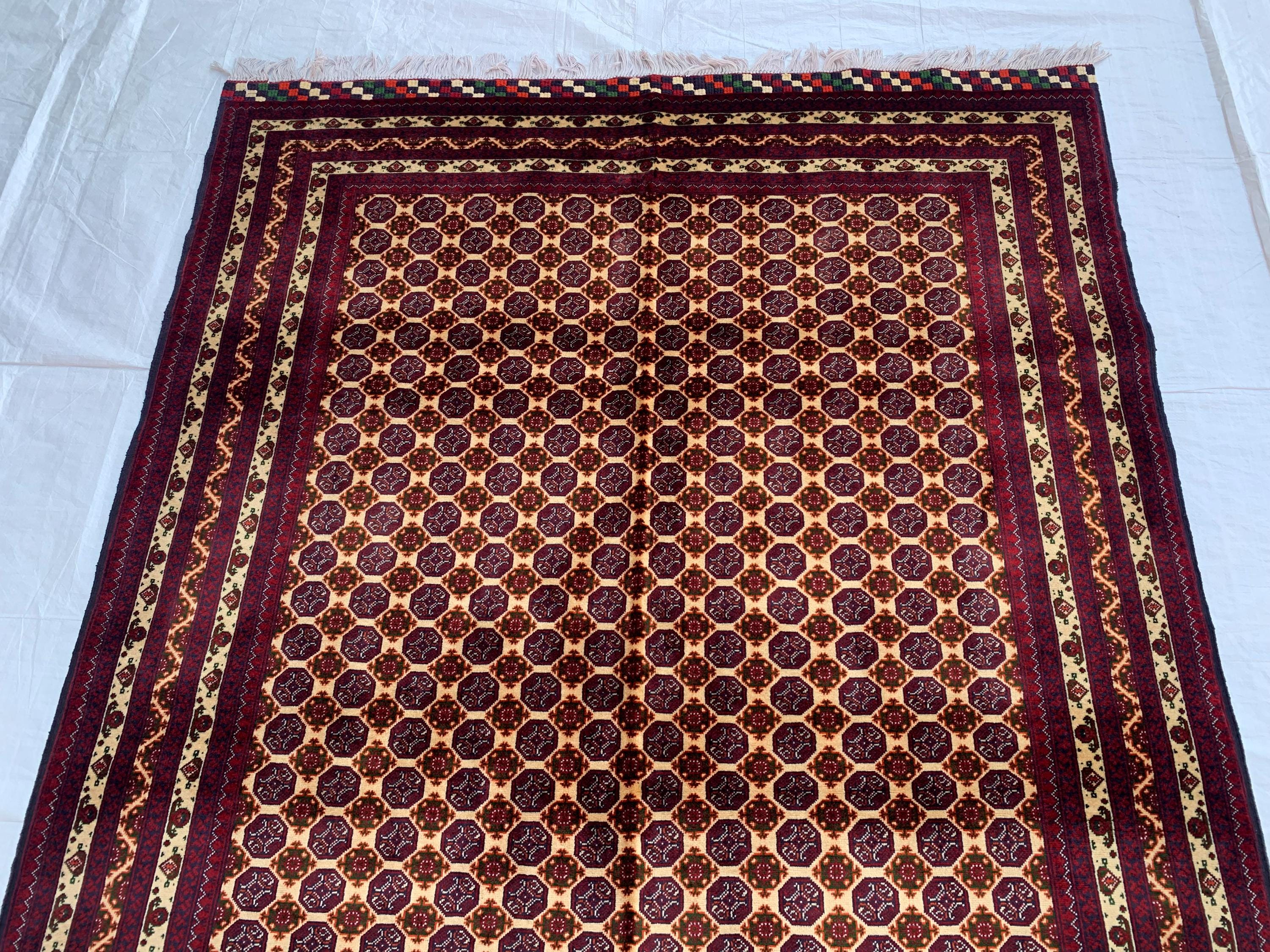 5x7ft Hoja Roshnai Beljik Rug – Handwoven Afghan Area Rug in Burgundy, Cream & Black – Geometric Repeating Pattern – Tribal Wool Carpet