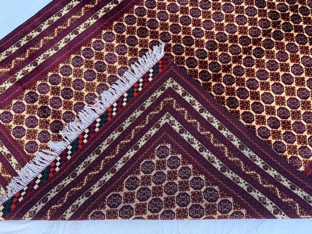 5x7ft Hoja Roshnai Beljik Rug – Handwoven Afghan Area Rug in Burgundy, Cream & Black – Geometric Repeating Pattern – Tribal Wool Carpet