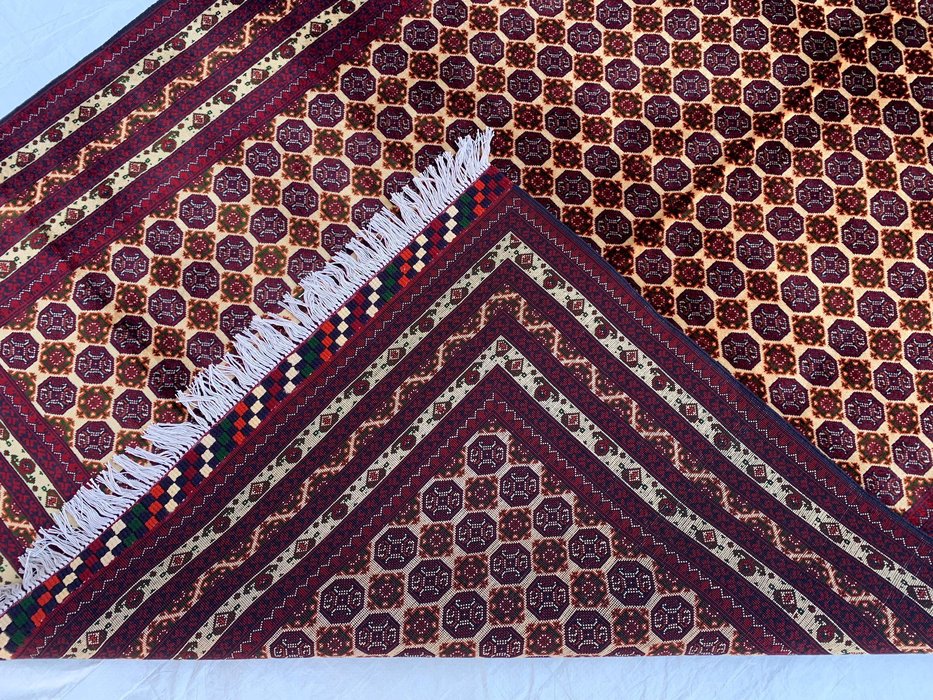 5x7ft Hoja Roshnai Beljik Rug – Handwoven Afghan Area Rug in Burgundy, Cream & Black – Geometric Repeating Pattern – Tribal Wool Carpet