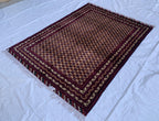 5x7ft Hoja Roshnai Beljik Rug – Handwoven Afghan Area Rug in Burgundy, Cream & Black – Geometric Repeating Pattern – Tribal Wool Carpet