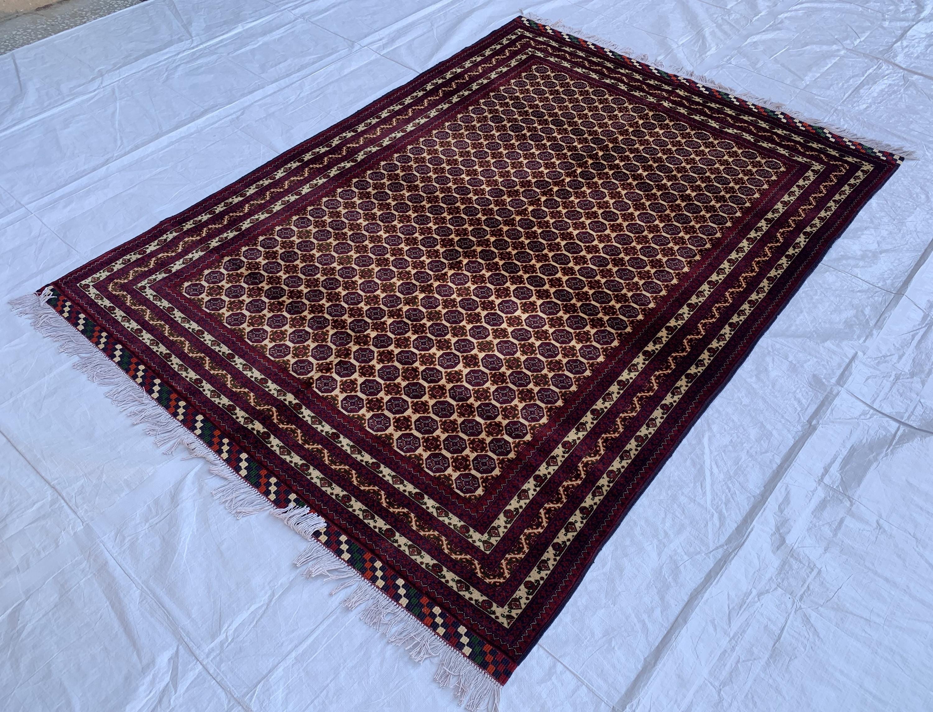 5x7ft Hoja Roshnai Beljik Rug – Handwoven Afghan Area Rug in Burgundy, Cream & Black – Geometric Repeating Pattern – Tribal Wool Carpet