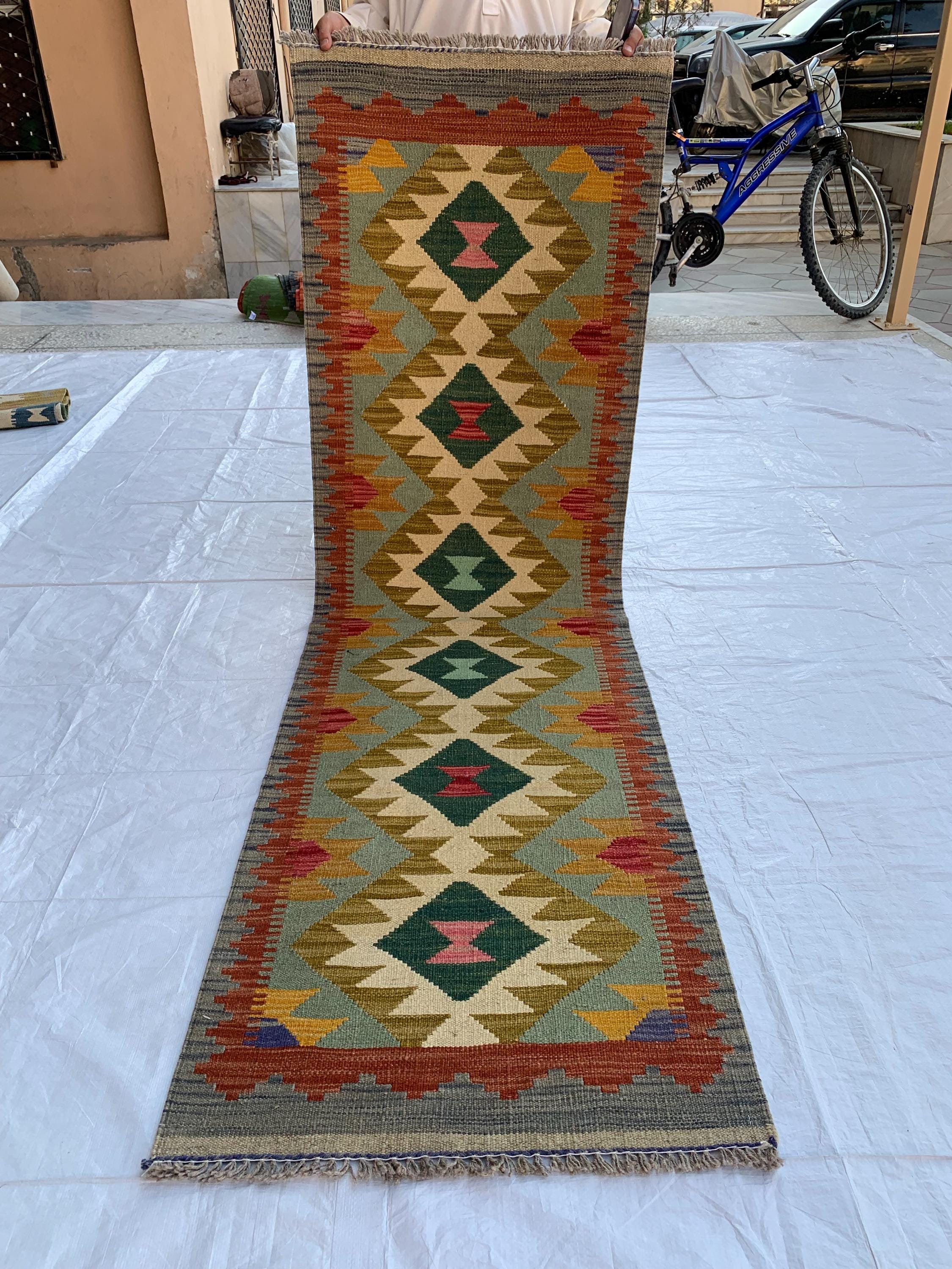 2x7 Hallway Rug, Afghan Handmade Kilim Rug, Turkmen Flatweave Wool Area Rug, Vegetable Dyed Rug, Kilim narrow rug, entryway rug 212x63 cm