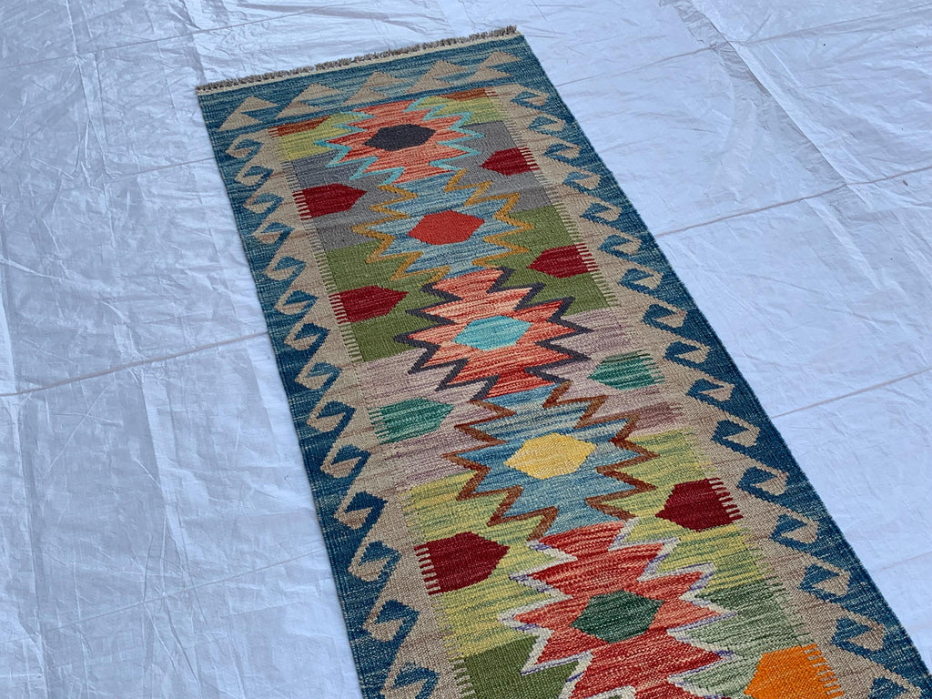 Flatweave Afghan Handmade Hallway Kilim Runner, Turkmen Traditional Wool Area Rug, Vegetable Dyed Rug, Rug for Kitchen, Entryway Rug 197x65