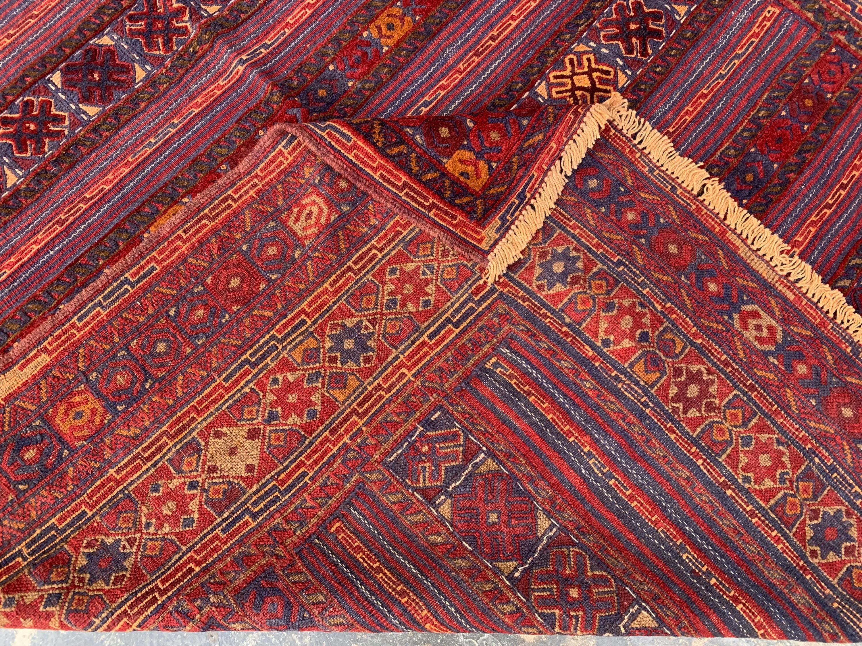 6x10ft Vintage Afghan Kilim Rug– Turkmen Handwoven Tribal Wool Area Rug | Red & Navy Oriental Geometric Carpet |Boho Farmhouse Decor 294x190