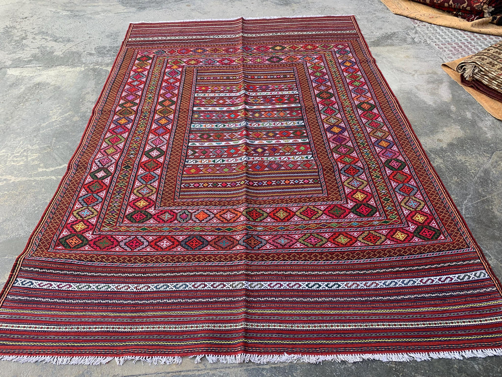 7x9ft, Kilim Rug –Turkmen Handwoven Wool Area Rug – Boho Tribal Geometric Carpet– Afghan Flatweave Rug – Large Living Room Decor 278x186 cm