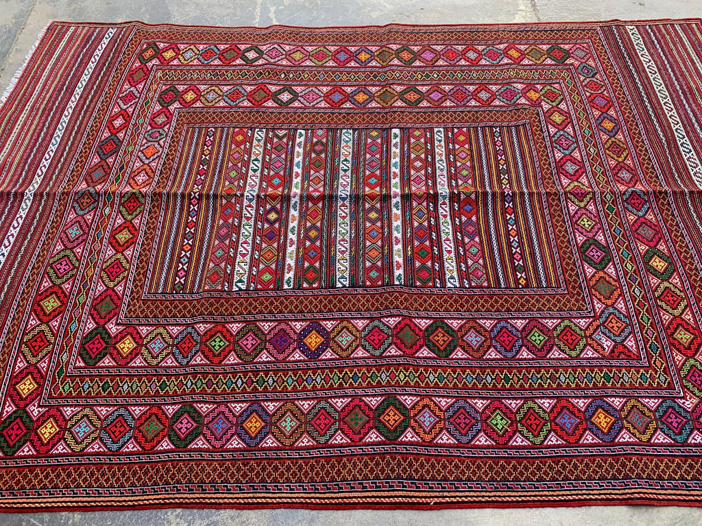7x9ft, Kilim Rug –Turkmen Handwoven Wool Area Rug – Boho Tribal Geometric Carpet– Afghan Flatweave Rug – Large Living Room Decor 278x186 cm