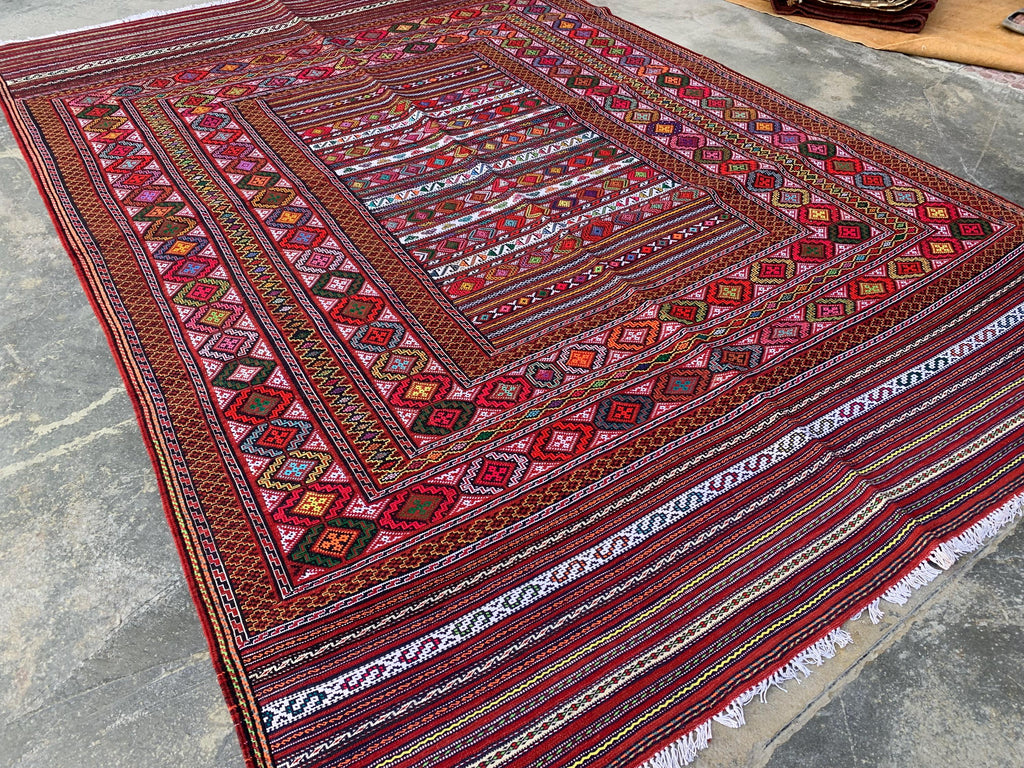 7x9ft, Kilim Rug –Turkmen Handwoven Wool Area Rug – Boho Tribal Geometric Carpet– Afghan Flatweave Rug – Large Living Room Decor 278x186 cm