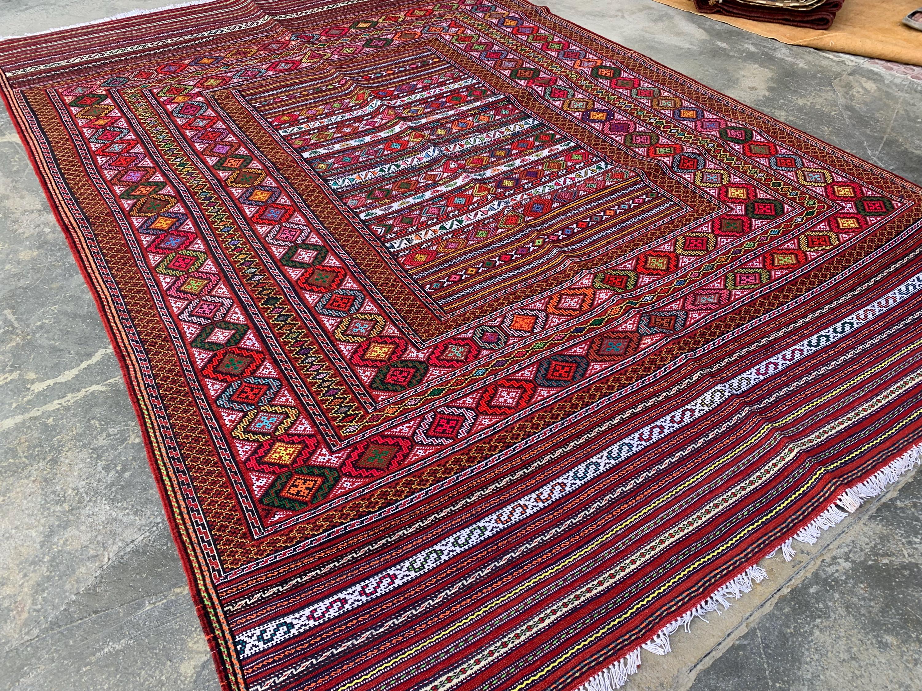 7x9ft, Kilim Rug –Turkmen Handwoven Wool Area Rug – Boho Tribal Geometric Carpet– Afghan Flatweave Rug – Large Living Room Decor 278x186 cm