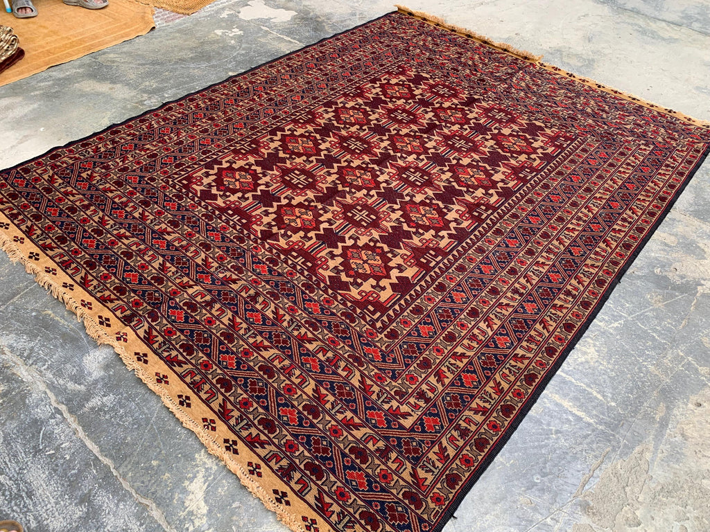 7x9ft, Vintage Afghan Kilim Rug – Handwoven Wool Tribal Carpet – Red Geometric Flatweave – Large Boho Area Rug – Ethnic Living Room Decor