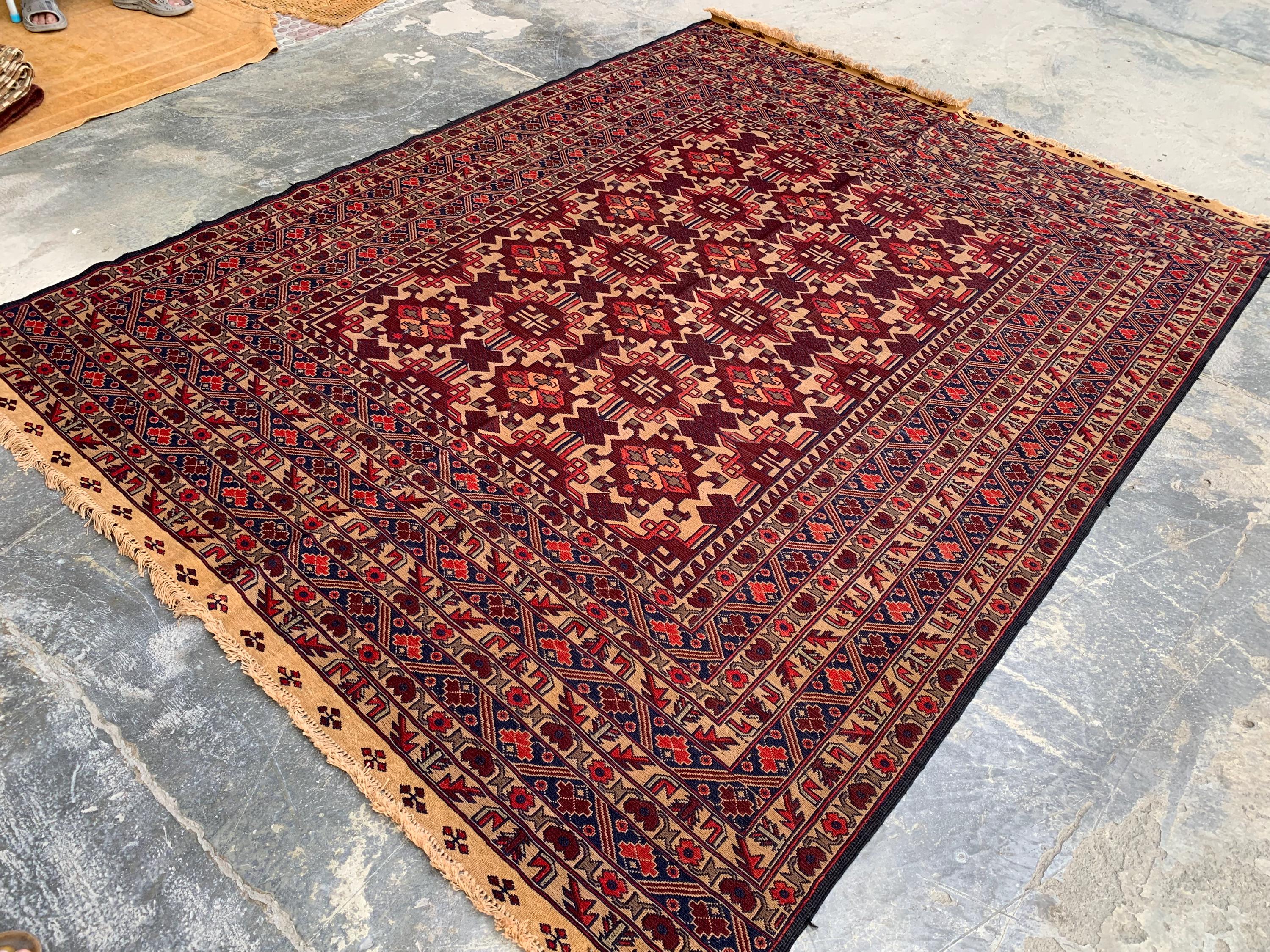 7x9ft, Vintage Afghan Kilim Rug – Handwoven Wool Tribal Carpet – Red Geometric Flatweave – Large Boho Area Rug – Ethnic Living Room Decor