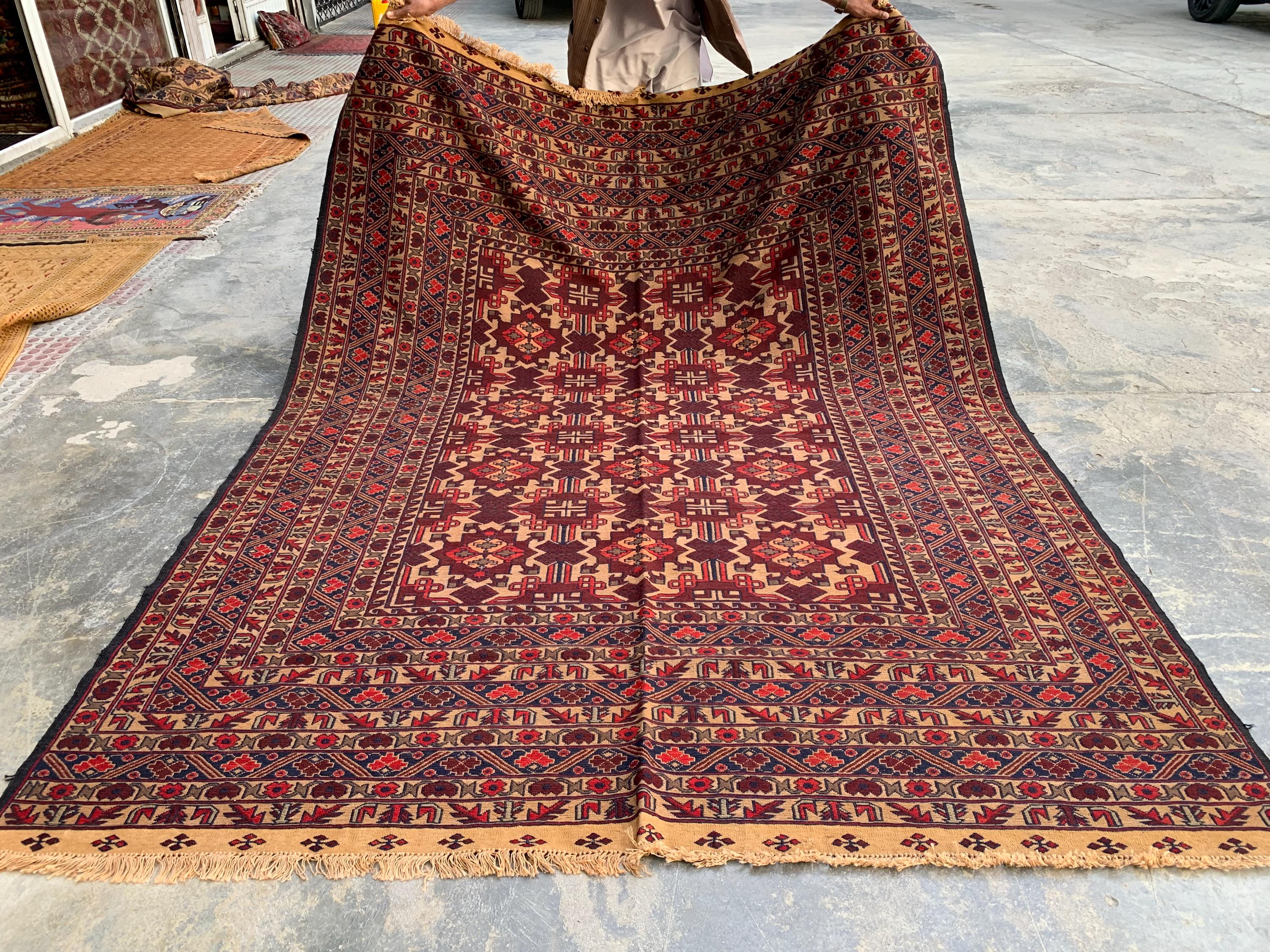 7x9ft, Vintage Afghan Kilim Rug – Handwoven Wool Tribal Carpet – Red Geometric Flatweave – Large Boho Area Rug – Ethnic Living Room Decor
