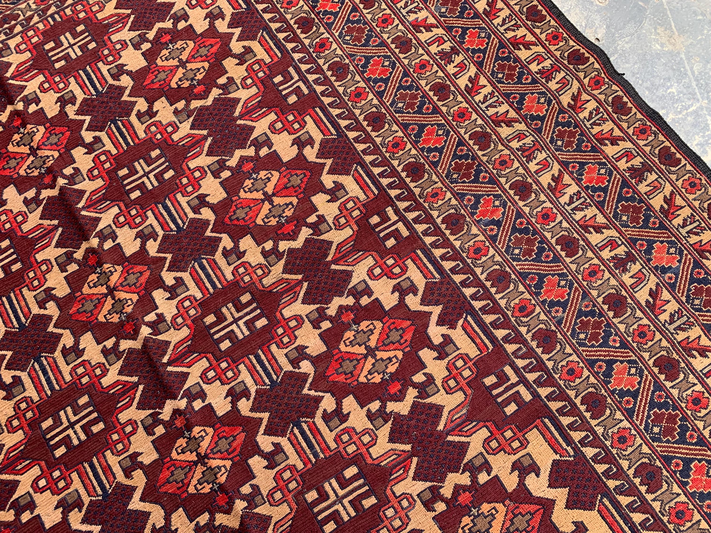 7x9ft, Vintage Afghan Kilim Rug – Handwoven Wool Tribal Carpet – Red Geometric Flatweave – Large Boho Area Rug – Ethnic Living Room Decor