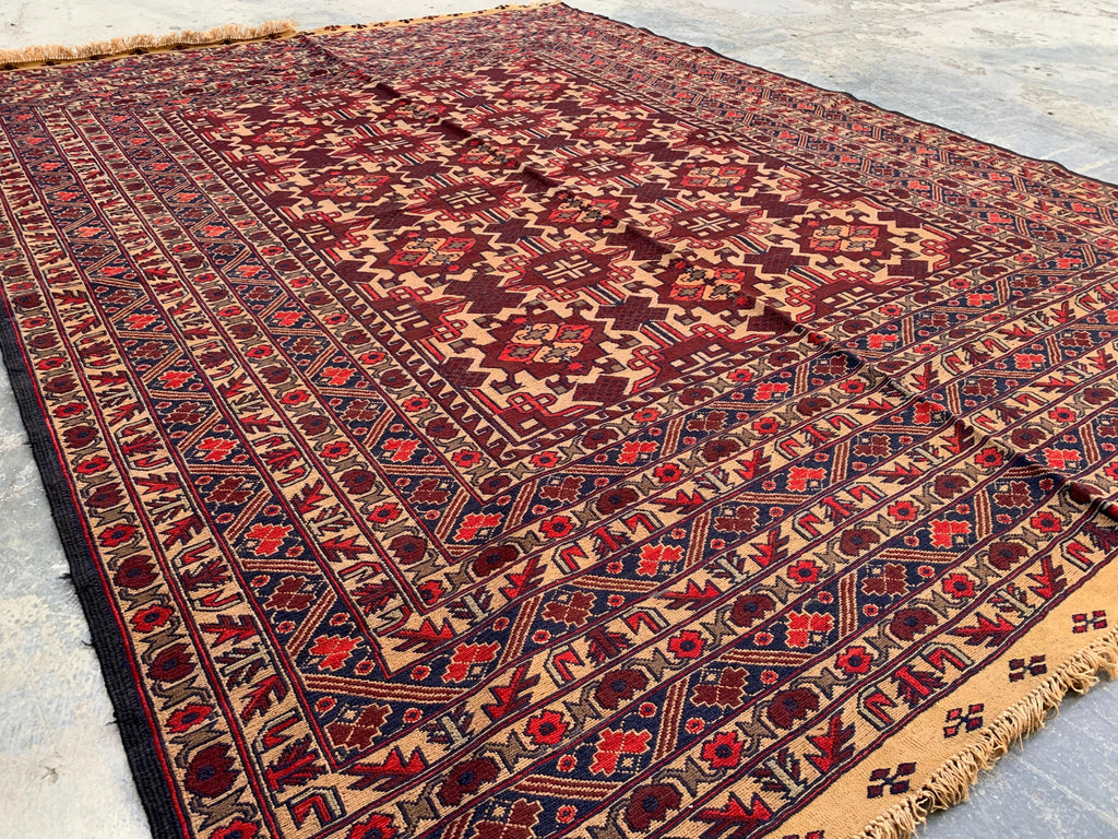 7x9ft, Vintage Afghan Kilim Rug – Handwoven Wool Tribal Carpet – Red Geometric Flatweave – Large Boho Area Rug – Ethnic Living Room Decor