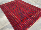 Bukhara Rug 6x9ft – Handknotted Red and Blue Wool Carpet – Afghan Traditional Geometric Area Rug – Oriental Tribal Living Room Decor