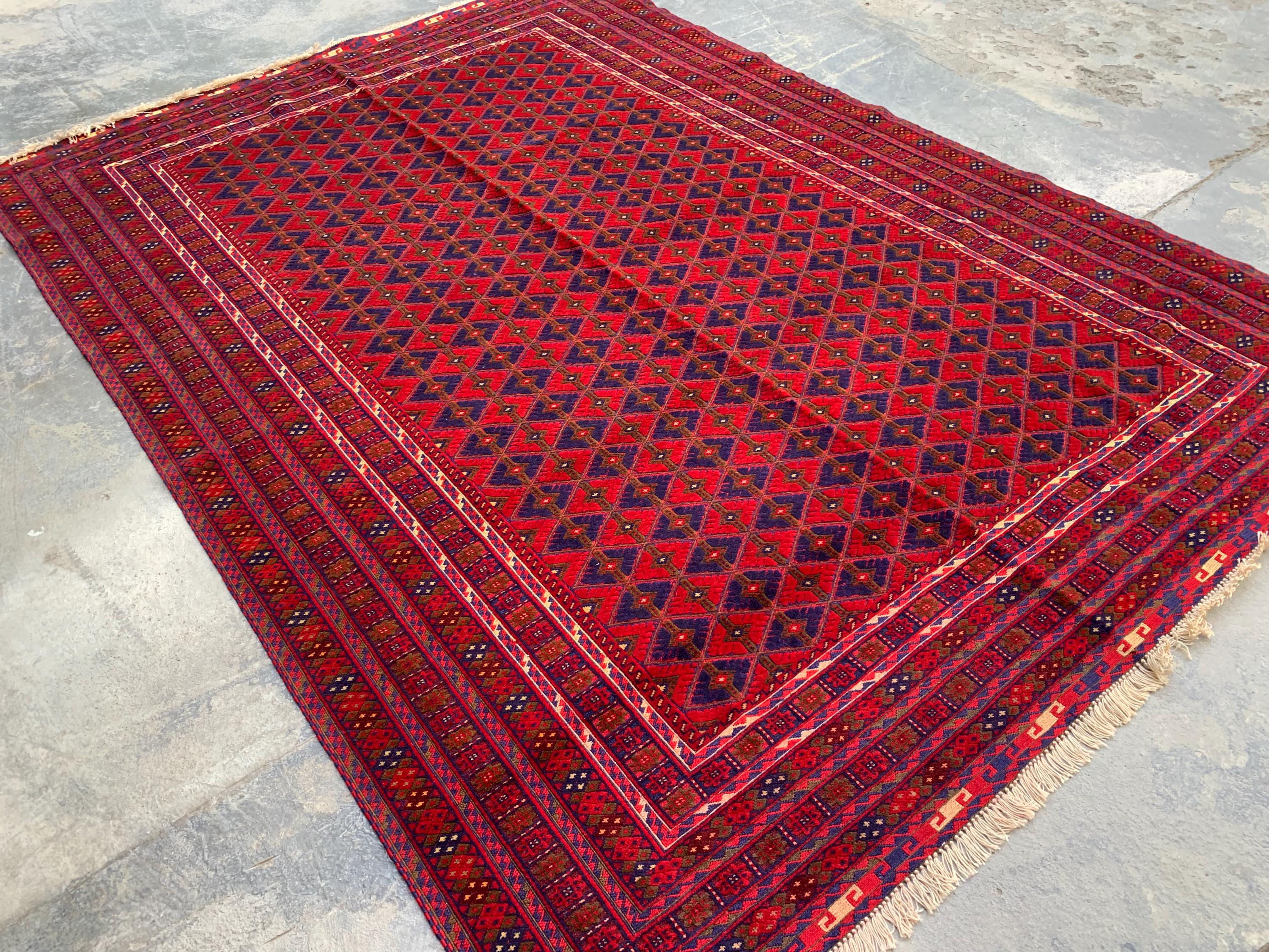 Bukhara Rug 6x9ft – Handknotted Red and Blue Wool Carpet – Afghan Traditional Geometric Area Rug – Oriental Tribal Living Room Decor