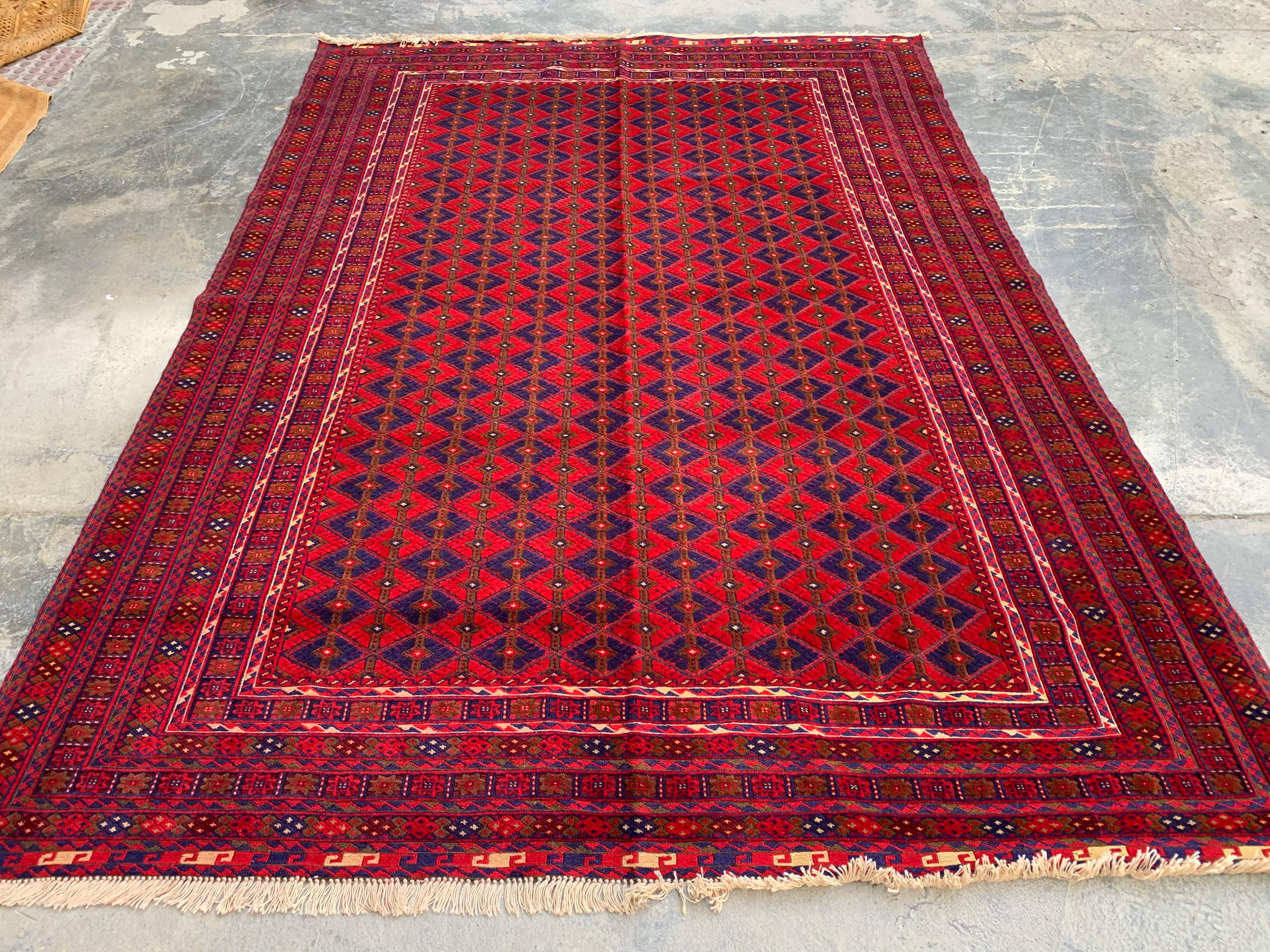 Bukhara Rug 6x9ft – Handknotted Red and Blue Wool Carpet – Afghan Traditional Geometric Area Rug – Oriental Tribal Living Room Decor