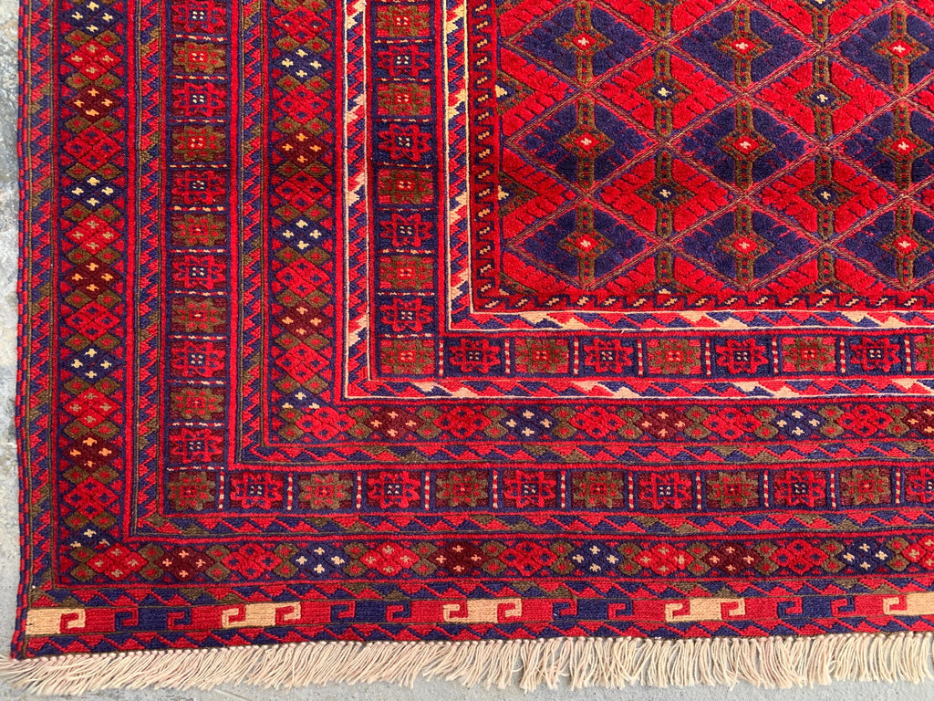 Bukhara Rug 6x9ft – Handknotted Red and Blue Wool Carpet – Afghan Traditional Geometric Area Rug – Oriental Tribal Living Room Decor