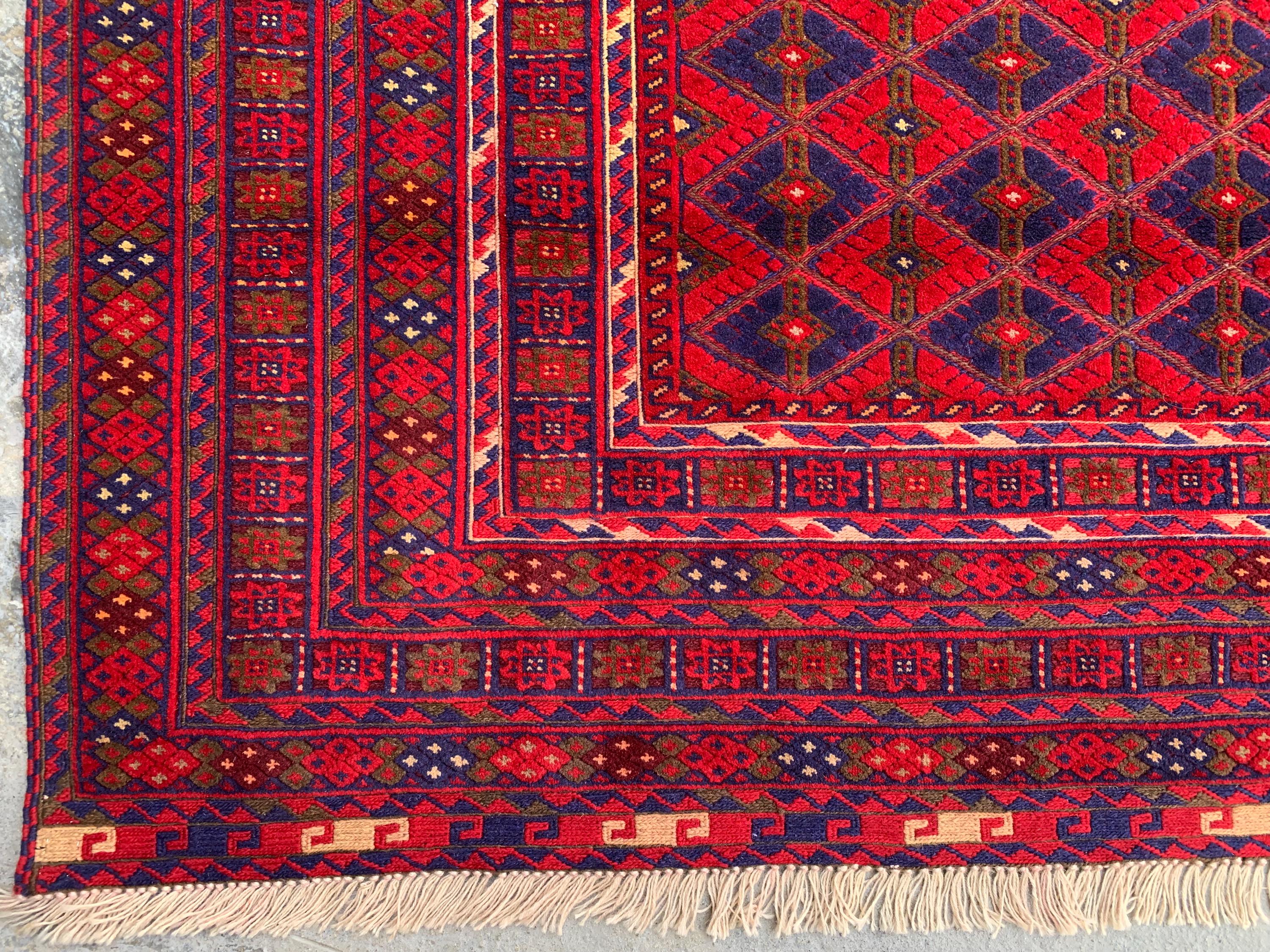 Bukhara Rug 6x9ft – Handknotted Red and Blue Wool Carpet – Afghan Traditional Geometric Area Rug – Oriental Tribal Living Room Decor