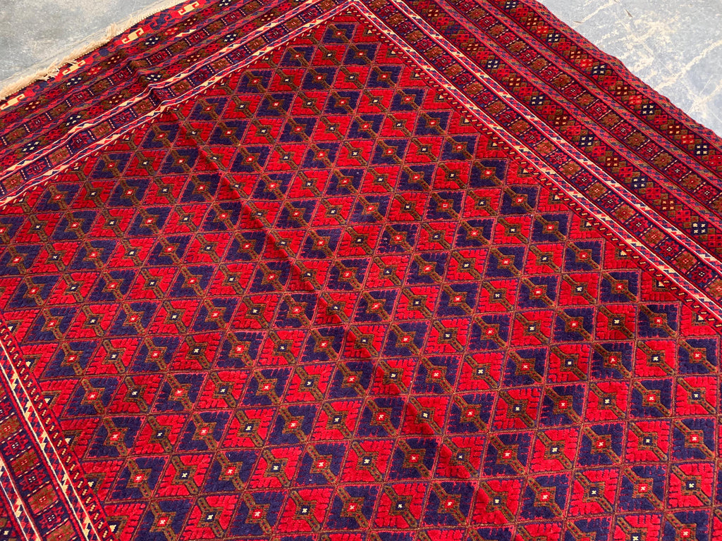 Bukhara Rug 6x9ft – Handknotted Red and Blue Wool Carpet – Afghan Traditional Geometric Area Rug – Oriental Tribal Living Room Decor