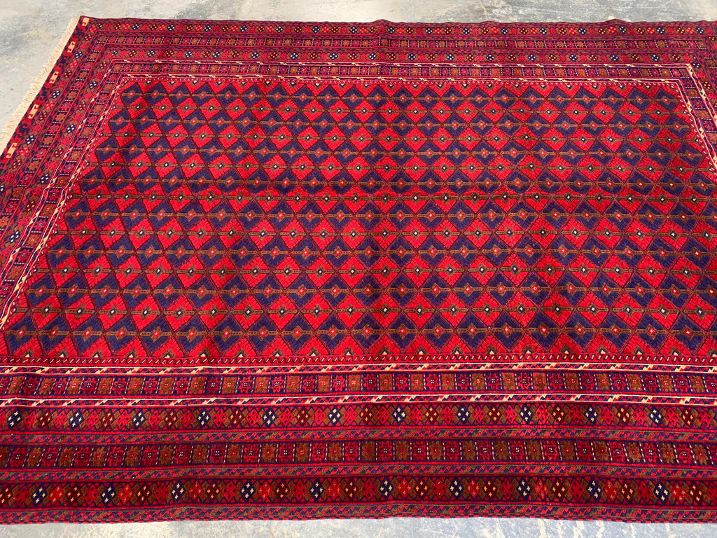 Bukhara Rug 6x9ft – Handknotted Red and Blue Wool Carpet – Afghan Traditional Geometric Area Rug – Oriental Tribal Living Room Decor