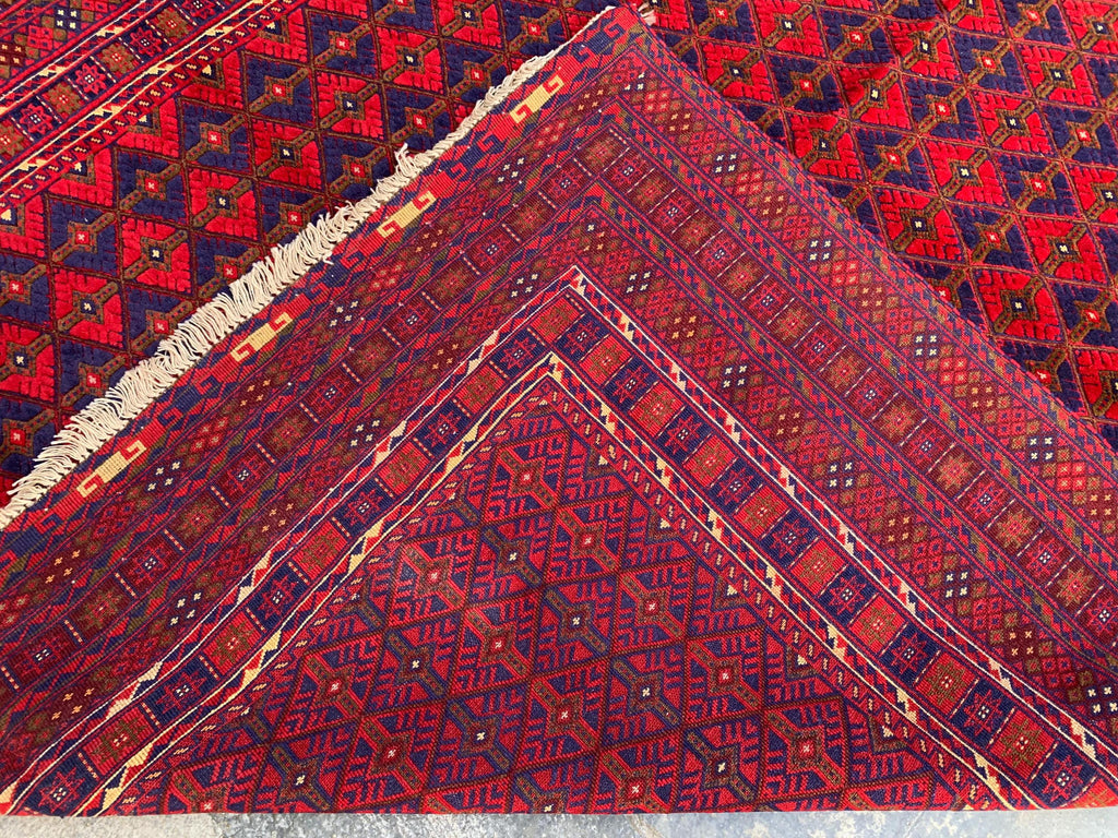 Bukhara Rug 6x9ft – Handknotted Red and Blue Wool Carpet – Afghan Traditional Geometric Area Rug – Oriental Tribal Living Room Decor