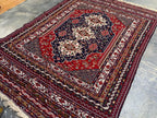 4'4x6'6ft Handwoven Afghan Persian Rug – Red Navy Wool Tribal Carpet – Central Medallion Oriental Area Rug – Boho Ethnic Decor, Bedroom Rug