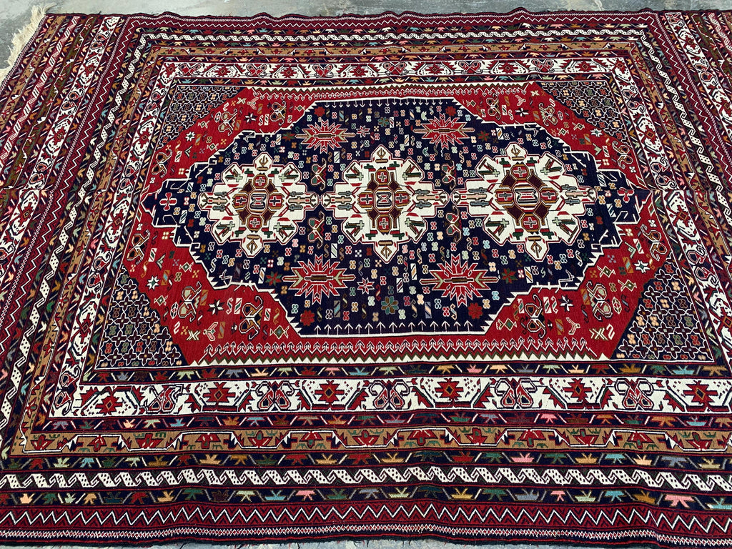 4'4x6'6ft Handwoven Afghan Persian Rug – Red Navy Wool Tribal Carpet – Central Medallion Oriental Area Rug – Boho Ethnic Decor, Bedroom Rug