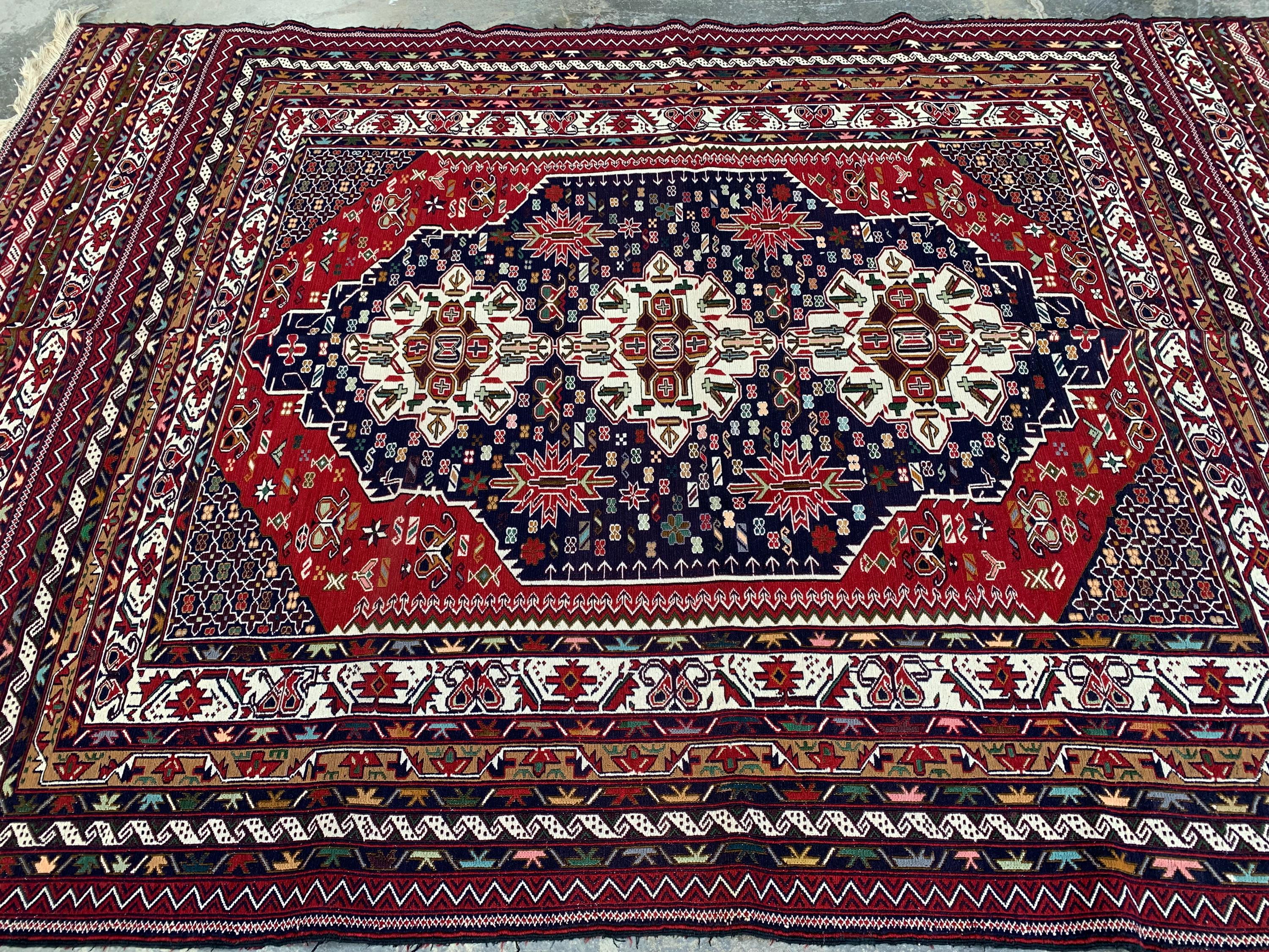 4'4x6'6ft Handwoven Afghan Persian Rug – Red Navy Wool Tribal Carpet – Central Medallion Oriental Area Rug – Boho Ethnic Decor, Bedroom Rug