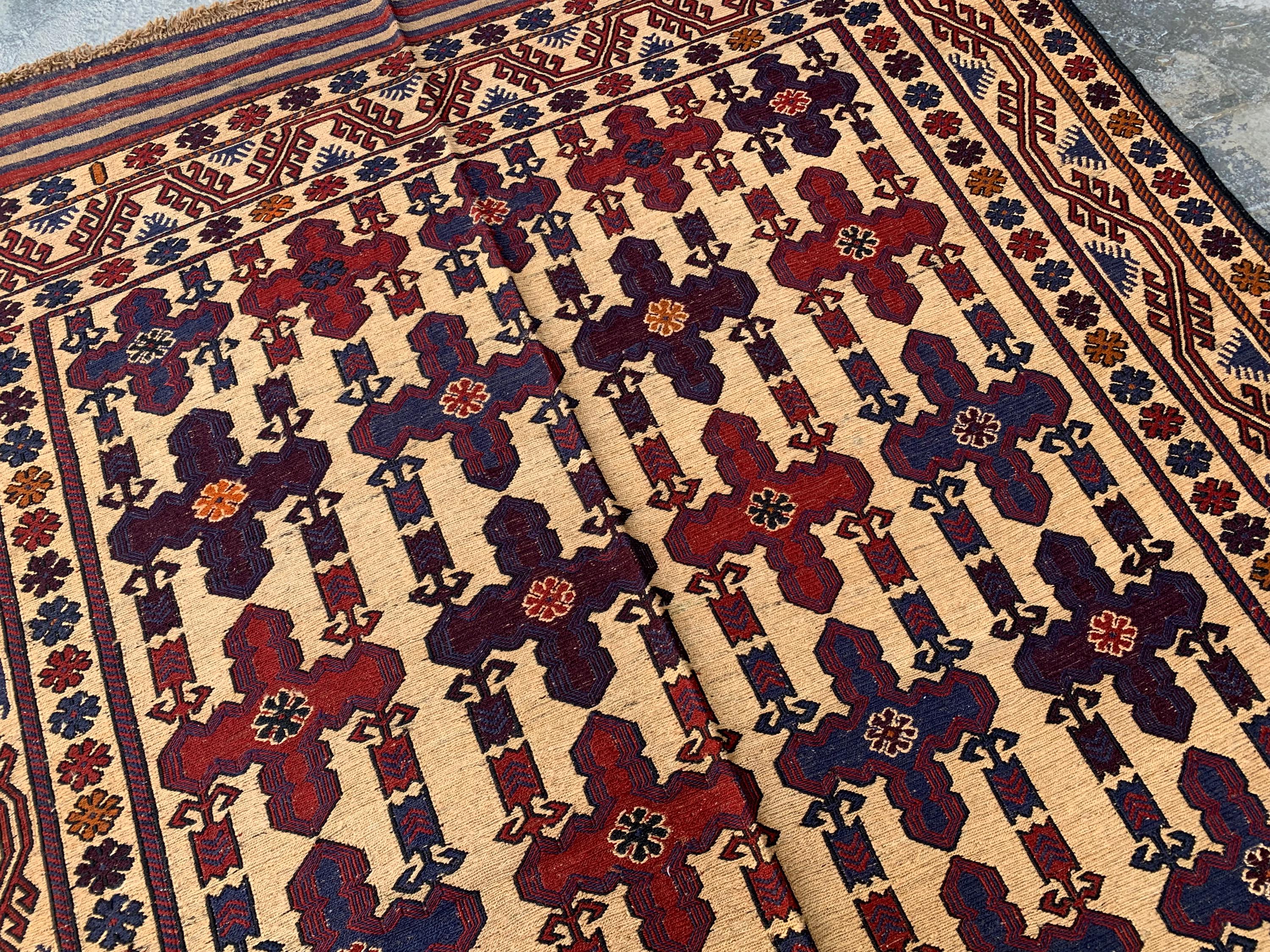 4x6ft Vintage Tribal Kilim Rug – Handwoven Wool Rug | Afghan Nomadic Carpet | Red, Indigo, Beige Geometric Pattern | Boho Decor 192x138 cm