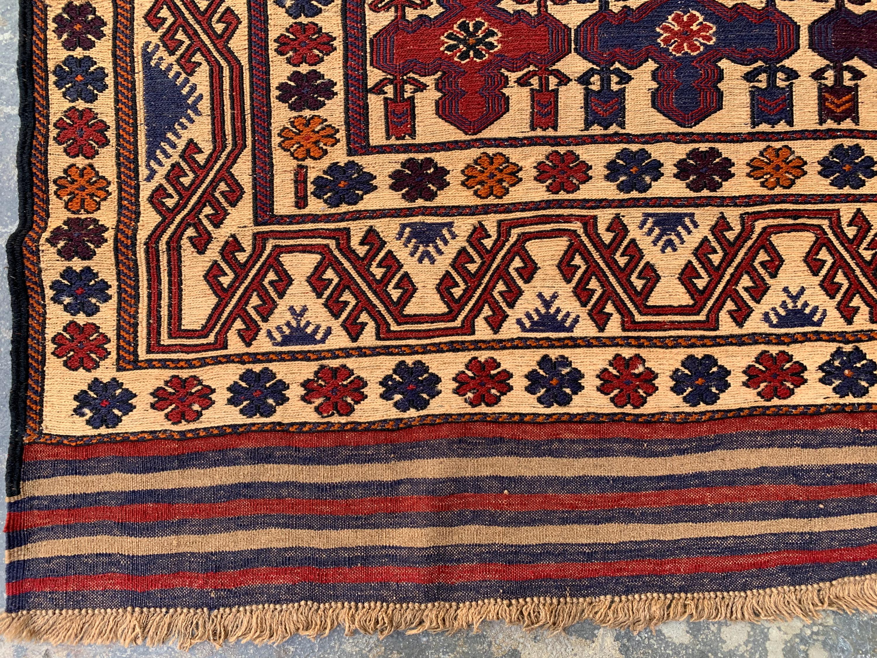4x6ft Vintage Tribal Kilim Rug – Handwoven Wool Rug | Afghan Nomadic Carpet | Red, Indigo, Beige Geometric Pattern | Boho Decor 192x138 cm