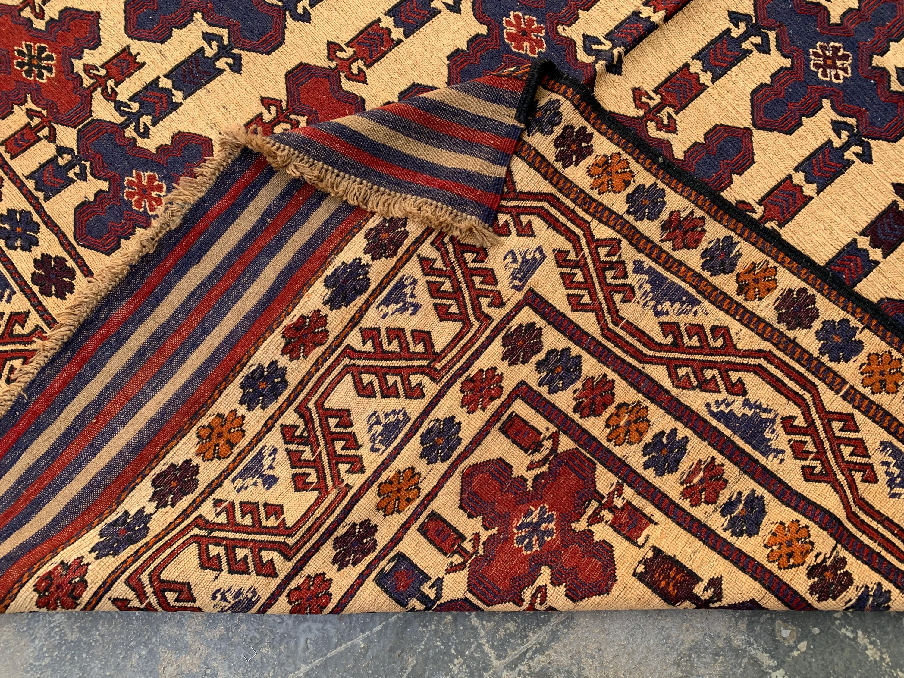 4x6ft Vintage Tribal Kilim Rug – Handwoven Wool Rug | Afghan Nomadic Carpet | Red, Indigo, Beige Geometric Pattern | Boho Decor 192x138 cm