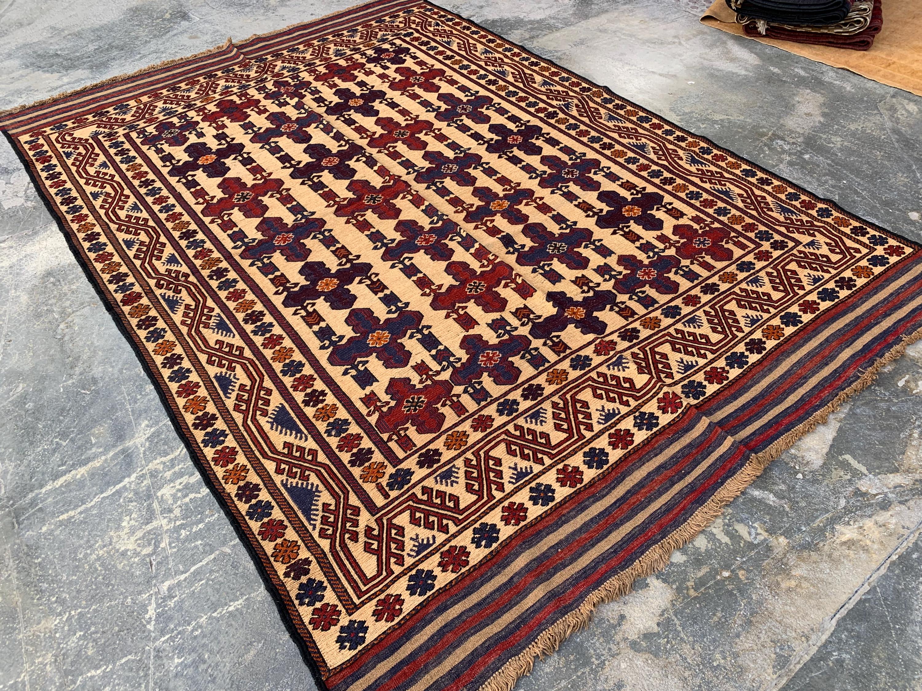 4x6ft Vintage Tribal Kilim Rug – Handwoven Wool Rug | Afghan Nomadic Carpet | Red, Indigo, Beige Geometric Pattern | Boho Decor 192x138 cm