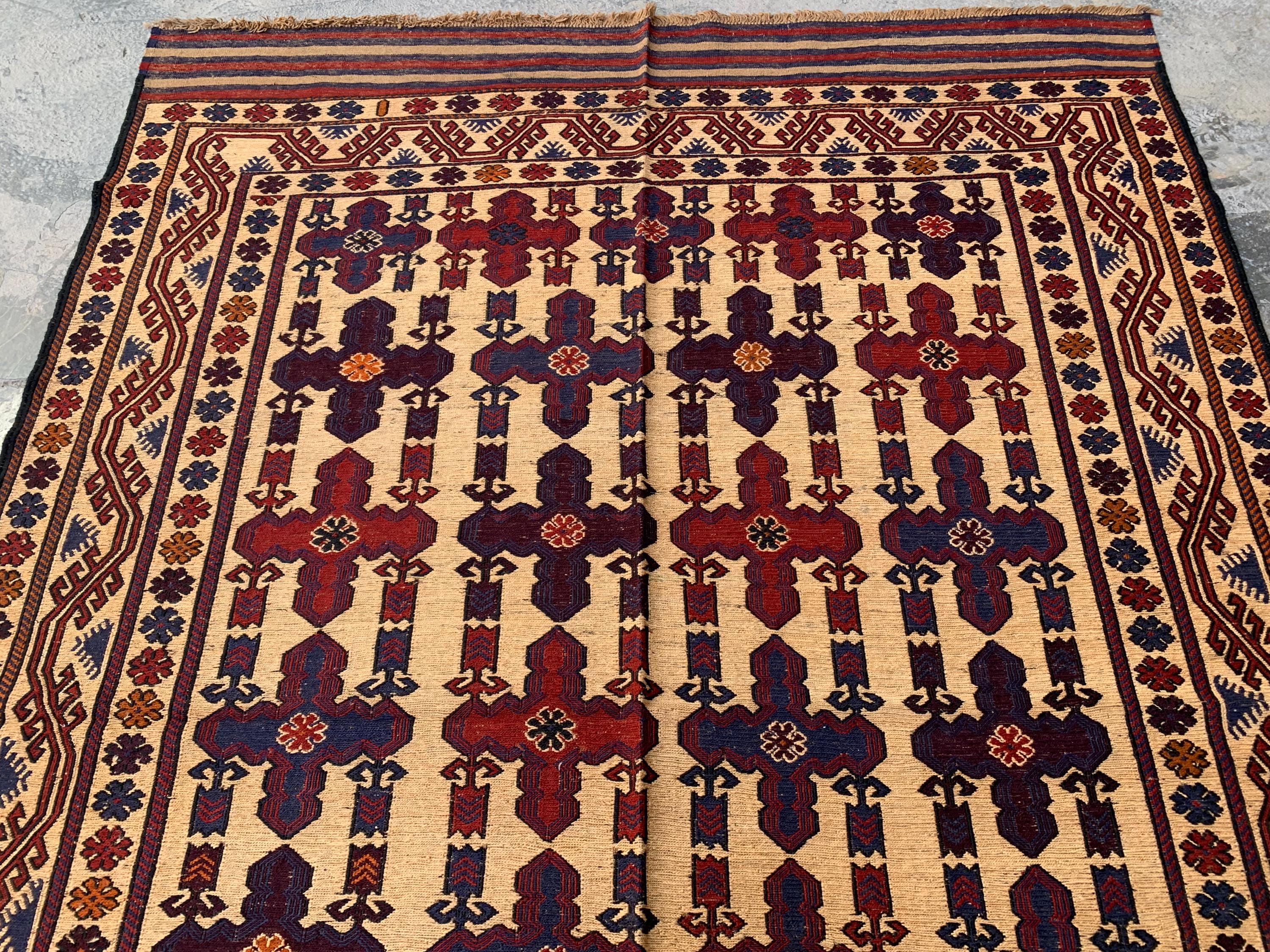 4x6ft Vintage Tribal Kilim Rug – Handwoven Wool Rug | Afghan Nomadic Carpet | Red, Indigo, Beige Geometric Pattern | Boho Decor 192x138 cm
