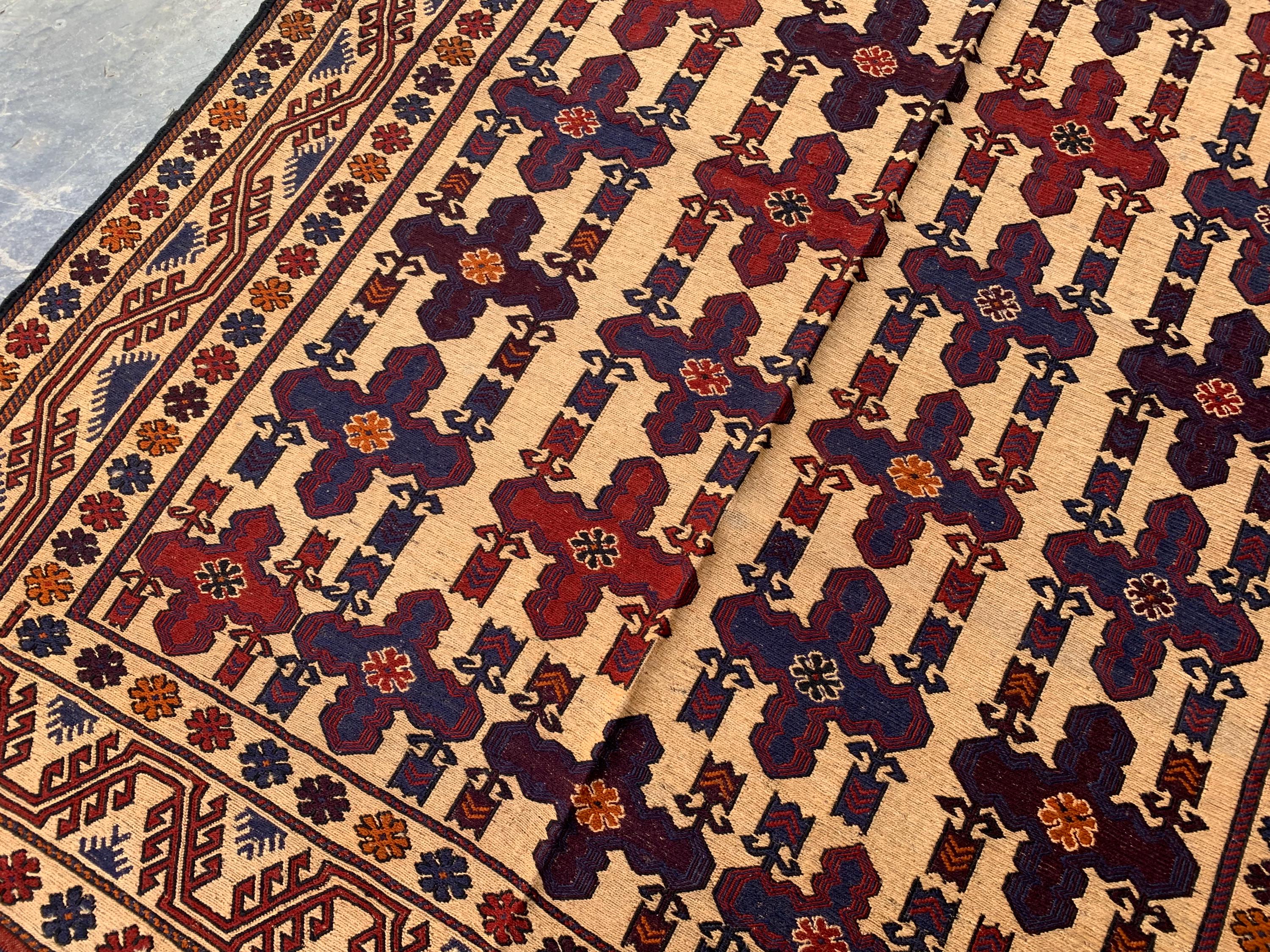 4x6ft Vintage Tribal Kilim Rug – Handwoven Wool Rug | Afghan Nomadic Carpet | Red, Indigo, Beige Geometric Pattern | Boho Decor 192x138 cm