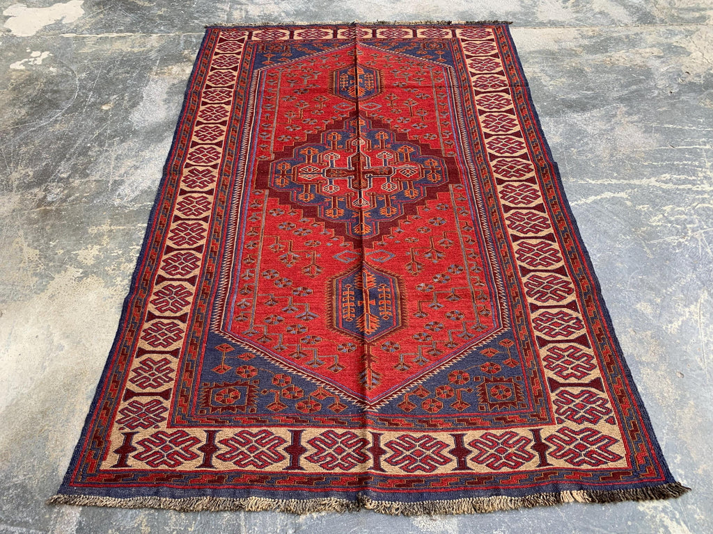 4x6ft Kitchen Rug Vintage Tribal Kilim Rug – Handwoven Wool Rug | Afghan Nomadic Carpet | Geometric Pattern | Boho Decor, Hallway Rug