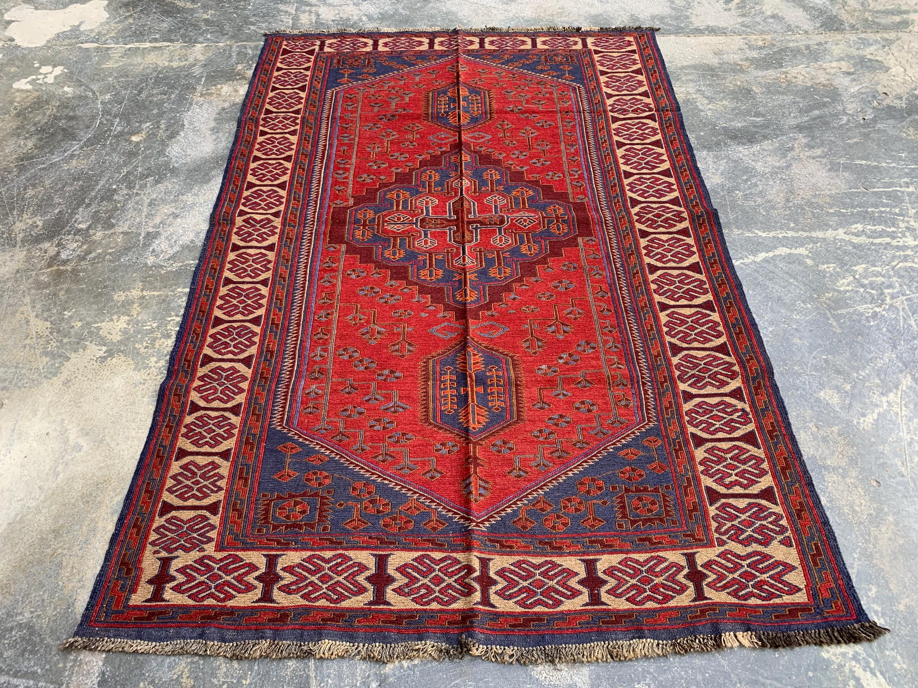 4x6ft Kitchen Rug Vintage Tribal Kilim Rug – Handwoven Wool Rug | Afghan Nomadic Carpet | Geometric Pattern | Boho Decor, Hallway Rug