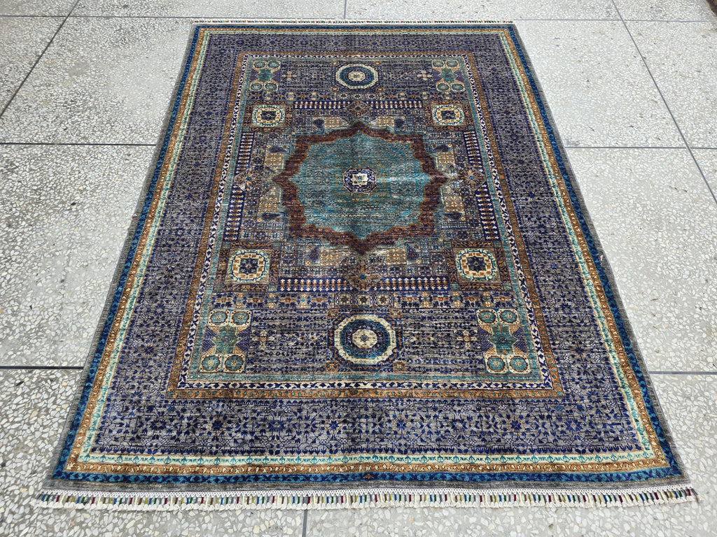 Modern Mamluk Rug 6.6x5.7 ft – Handwoven Afghan Carpet | Blue, Teal, Rust & Beige Oriental Design | Handmade Wool Area Rug 203 x 174cm19