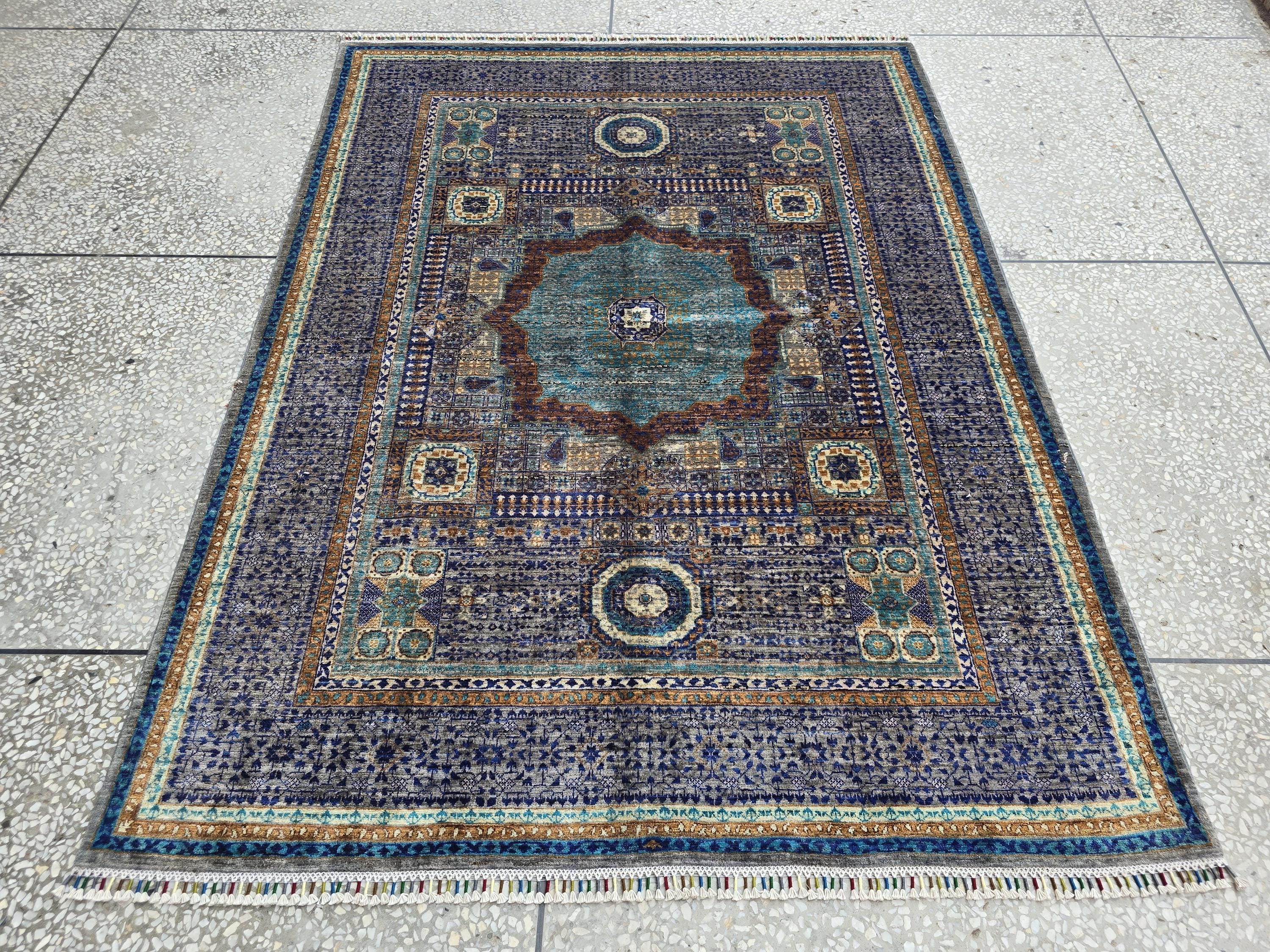 Modern Mamluk Rug 6.6x5.7 ft – Handwoven Afghan Carpet | Blue, Teal, Rust & Beige Oriental Design | Handmade Wool Area Rug 203 x 174cm19