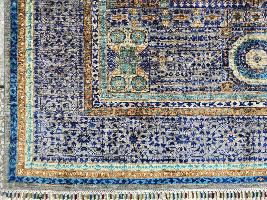 Modern Mamluk Rug 6.6x5.7 ft – Handwoven Afghan Carpet | Blue, Teal, Rust & Beige Oriental Design | Handmade Wool Area Rug 203 x 174cm19