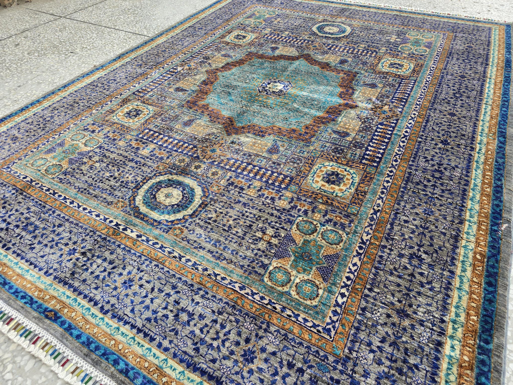 Modern Mamluk Rug 6.6x5.7 ft – Handwoven Afghan Carpet | Blue, Teal, Rust & Beige Oriental Design | Handmade Wool Area Rug 203 x 174cm19