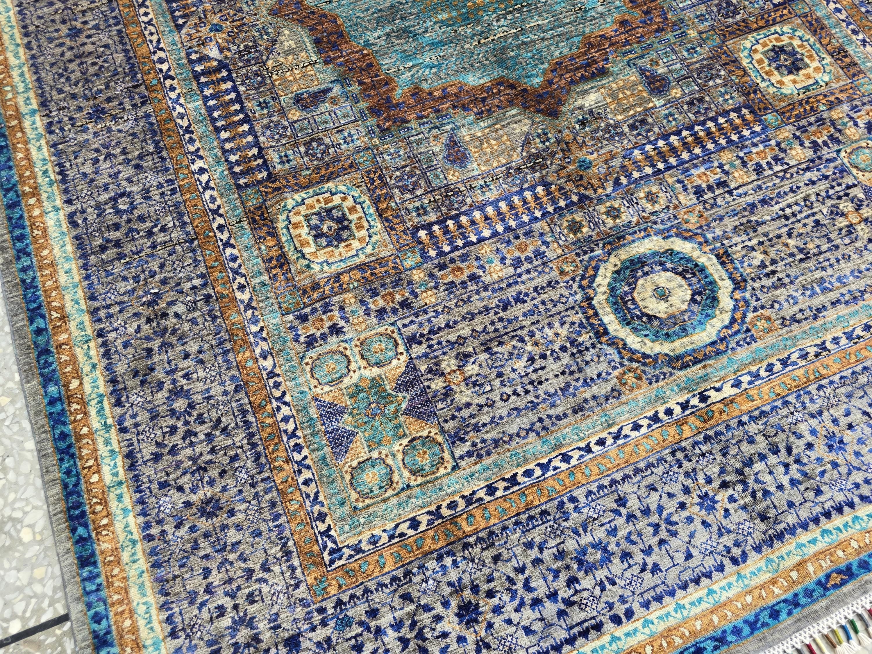 Modern Mamluk Rug 6.6x5.7 ft – Handwoven Afghan Carpet | Blue, Teal, Rust & Beige Oriental Design | Handmade Wool Area Rug 203 x 174cm19