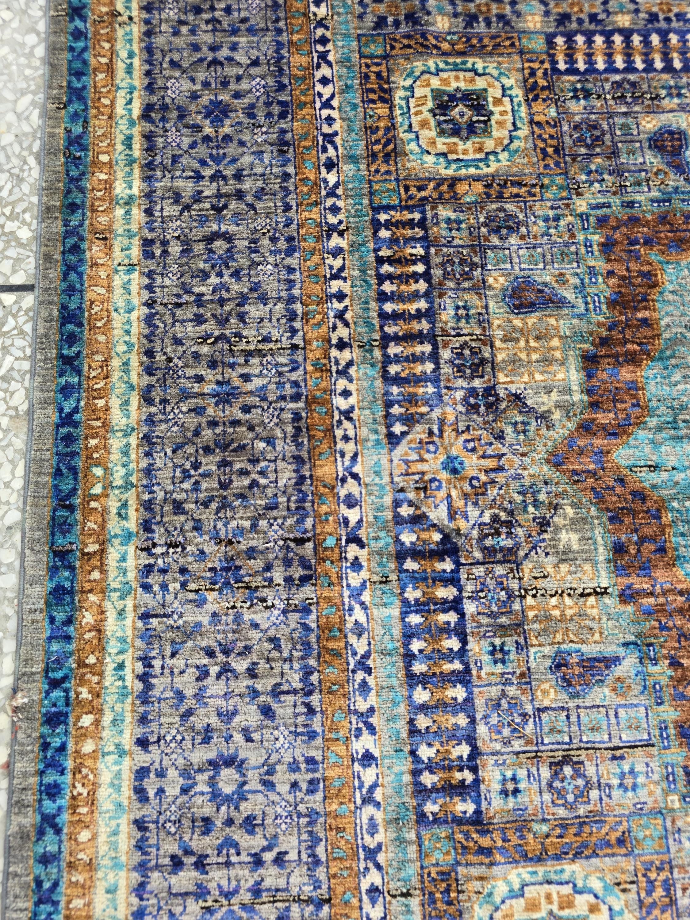 Modern Mamluk Rug 6.6x5.7 ft – Handwoven Afghan Carpet | Blue, Teal, Rust & Beige Oriental Design | Handmade Wool Area Rug 203 x 174cm19