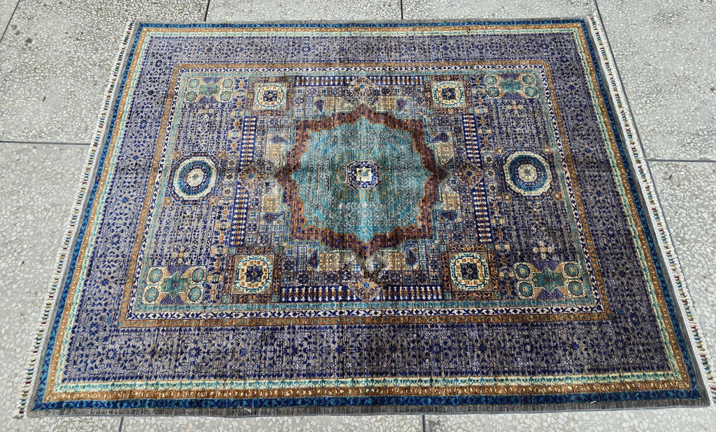 Modern Mamluk Rug 6.6x5.7 ft – Handwoven Afghan Carpet | Blue, Teal, Rust & Beige Oriental Design | Handmade Wool Area Rug 203 x 174cm19