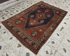 Antique Persian Caucasian Kafkas Rug – 5x7 ft | Hand-Knotted Wool Rug | 105 Years Old | Red, Navy, Olive, Gold | Tribal Collectible Area Rug