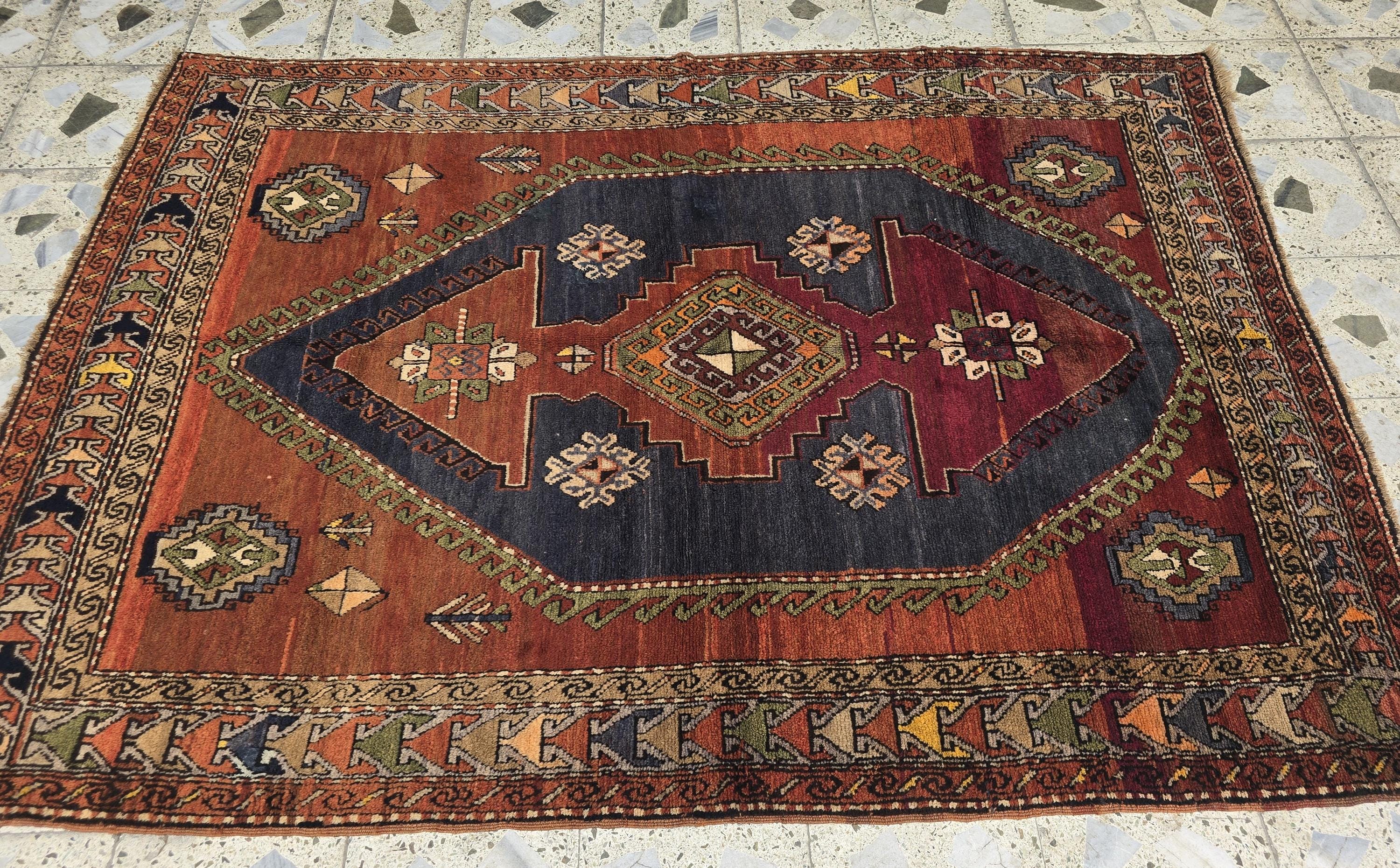 Antique Persian Caucasian Kafkas Rug – 5x7 ft | Hand-Knotted Wool Rug | 105 Years Old | Red, Navy, Olive, Gold | Tribal Collectible Area Rug