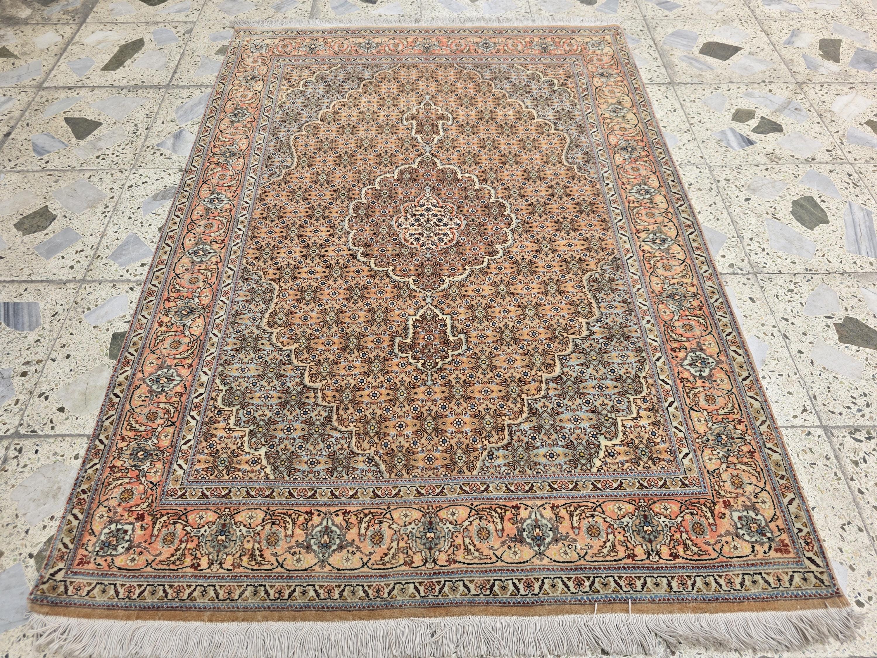 3x5ft Vintage Tabriz Persian Rug – Hand-Knotted Wool Rug, Peach & Blue Medallion Design, Floral Border, Collectible Oriental Carpet