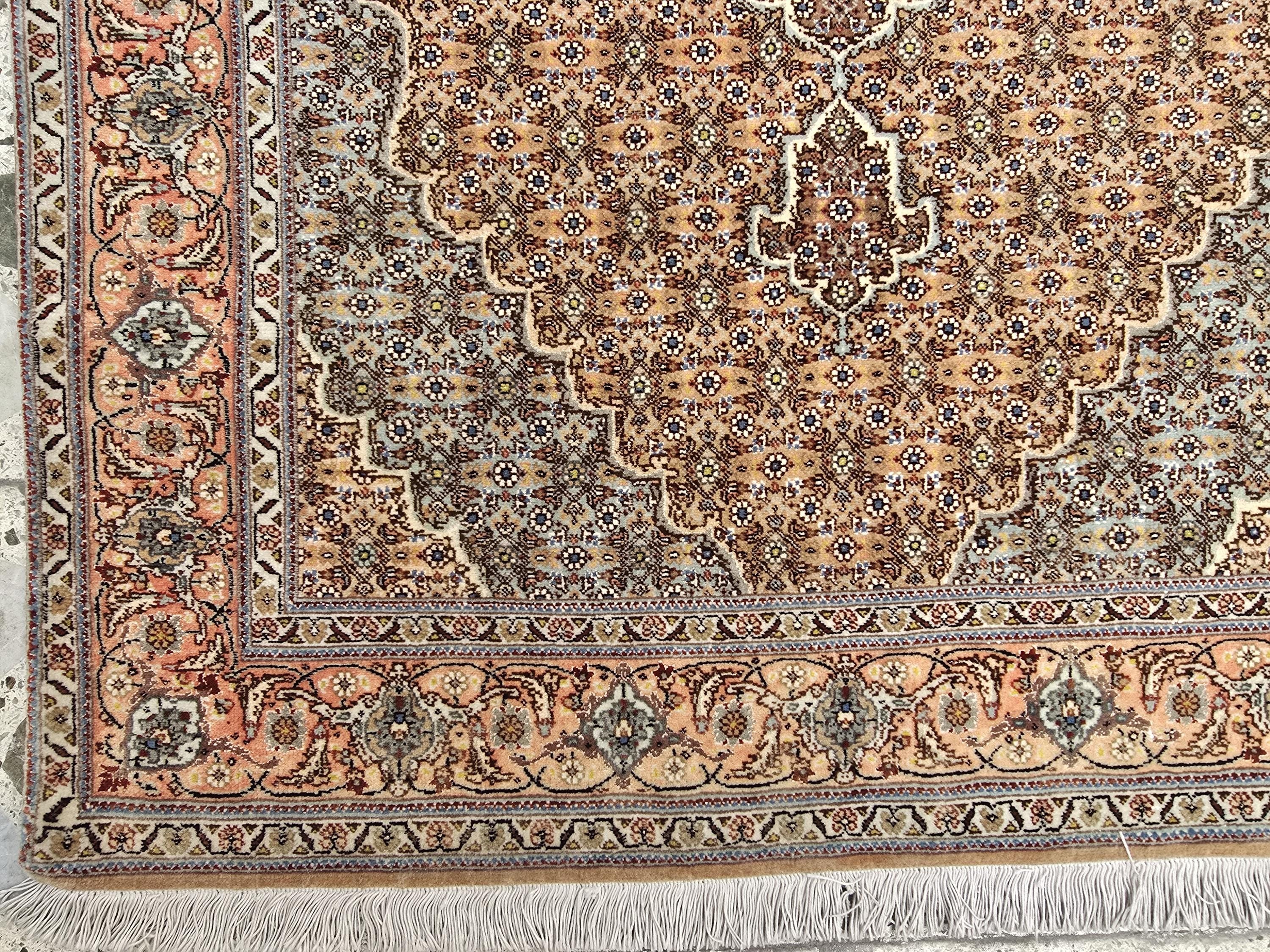 3x5ft Vintage Tabriz Persian Rug – Hand-Knotted Wool Rug, Peach & Blue Medallion Design, Floral Border, Collectible Oriental Carpet